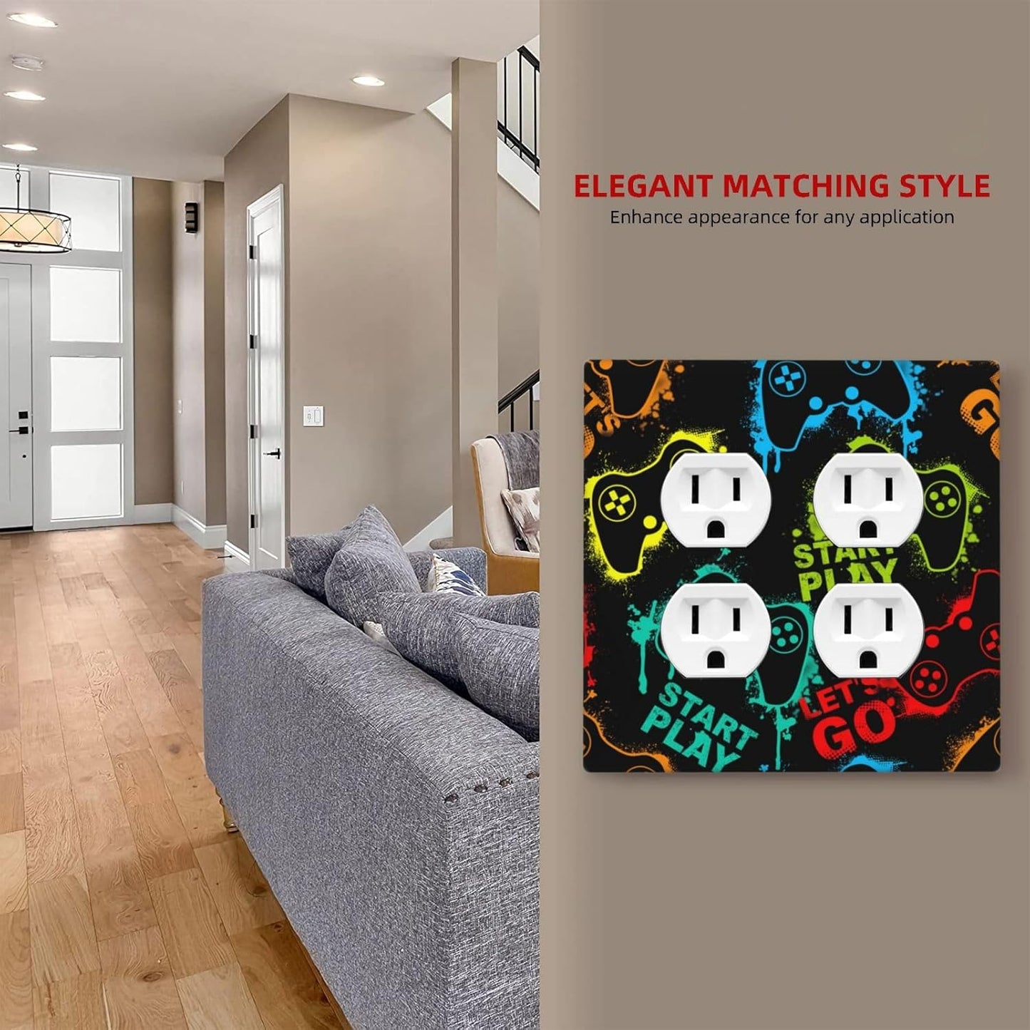 Decorative Outlet Covers Gamepad Theme Graffiti 2 Gang Wall Plate Double Duplex Light Switch Cover Switch Plate Covers Faceplate for Game Room Bedroom Home Decor
