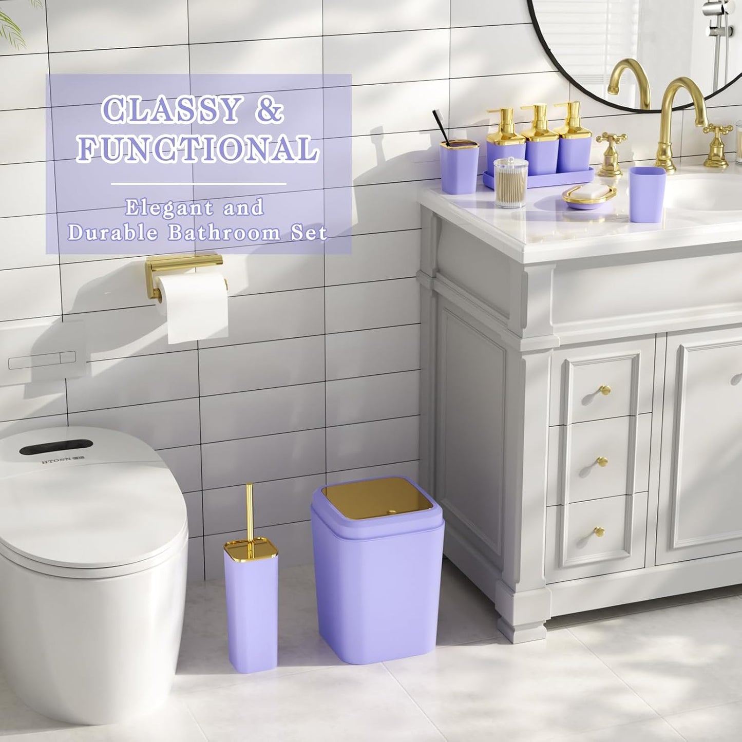 Bathroom Accessory Set, 11PC Bathroom Set, Purple Bathroom Accessories, Bathroom Accessories Set with Trash Can, 3PC Soap Dispensers and Toilet Brush