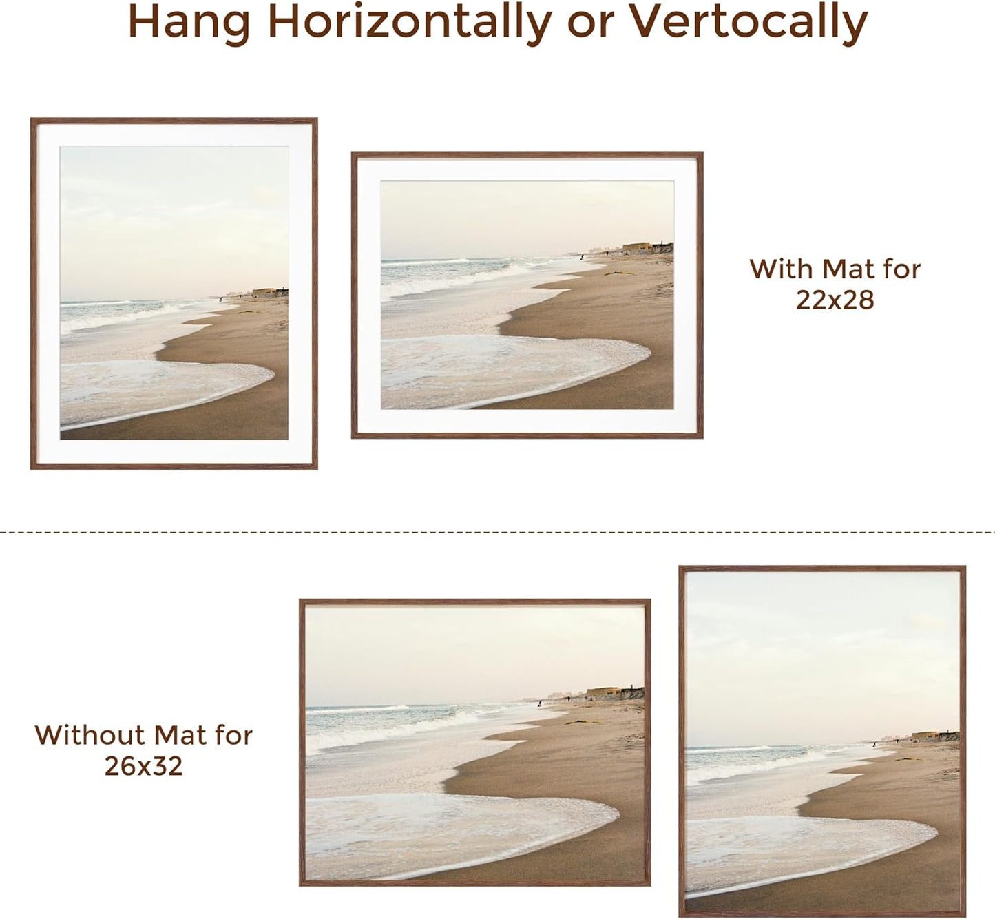 Oak Wood Frame 26x32 with Tempered Real Glass and Mat for 22x28 (Walnut Color, 1 Pack)