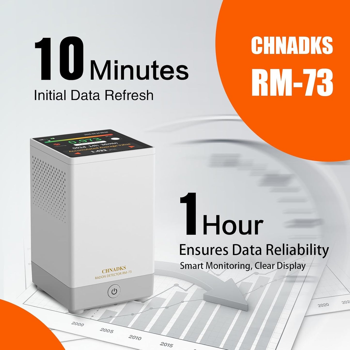 RM-73 Radon Detector, Home Radon Monitor with Touchscreen LCD Color Display, Radon Detector for Home Basement Audible & Visual Alarms, Historical Records, Long Term Monitoring Detector, pCi/L or Bq/m³