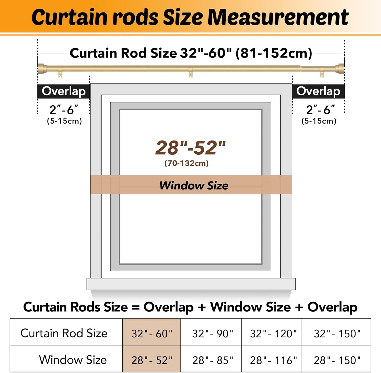 GEEBOBO 2 Pack Gold Curtain Rods for Windows 28 to 48 Inch, 1 Inch Adjustable Heavy Duty Decorative Curtain Rods, W1 (Gold, 32"-60",2 Pack)
