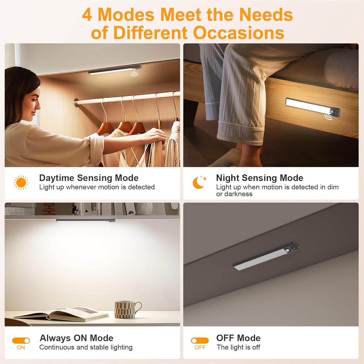 Gritin 10.2inch Under Cabinet Lighting Rechargeable -84 LED Super Bright,3-Color& 5 Level Brightness,4 Modes,Motion Sensor, Long Lasting- Easy Installation Magnetic Closet Lights -2 Pack-Black