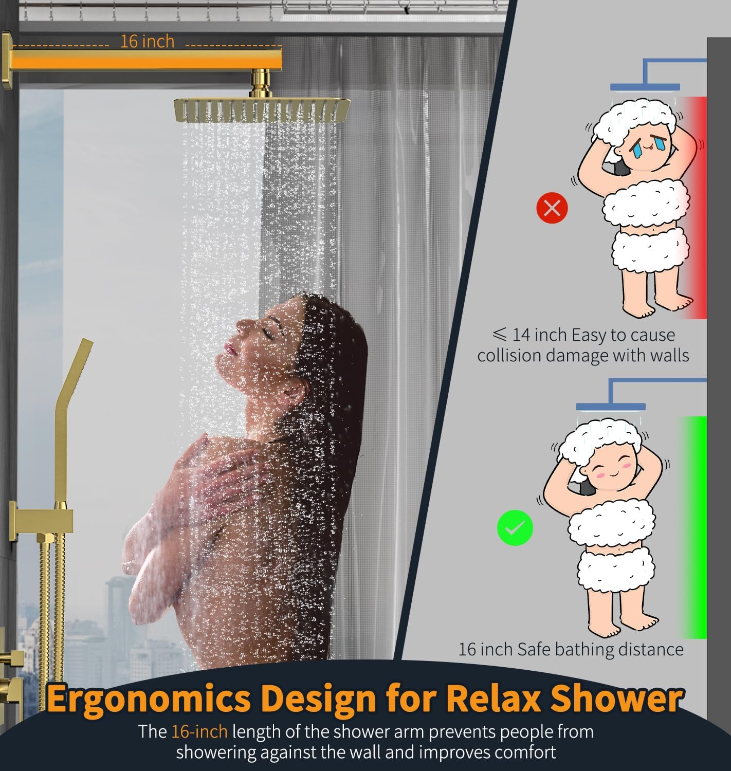 SR SUN RISE Shower Faucets Sets Complete Brushed Gold Square Rain Shower Head with Handheld Spray All Metal Shower Faucet Trim Repair Kits (Contain Shower Valve)