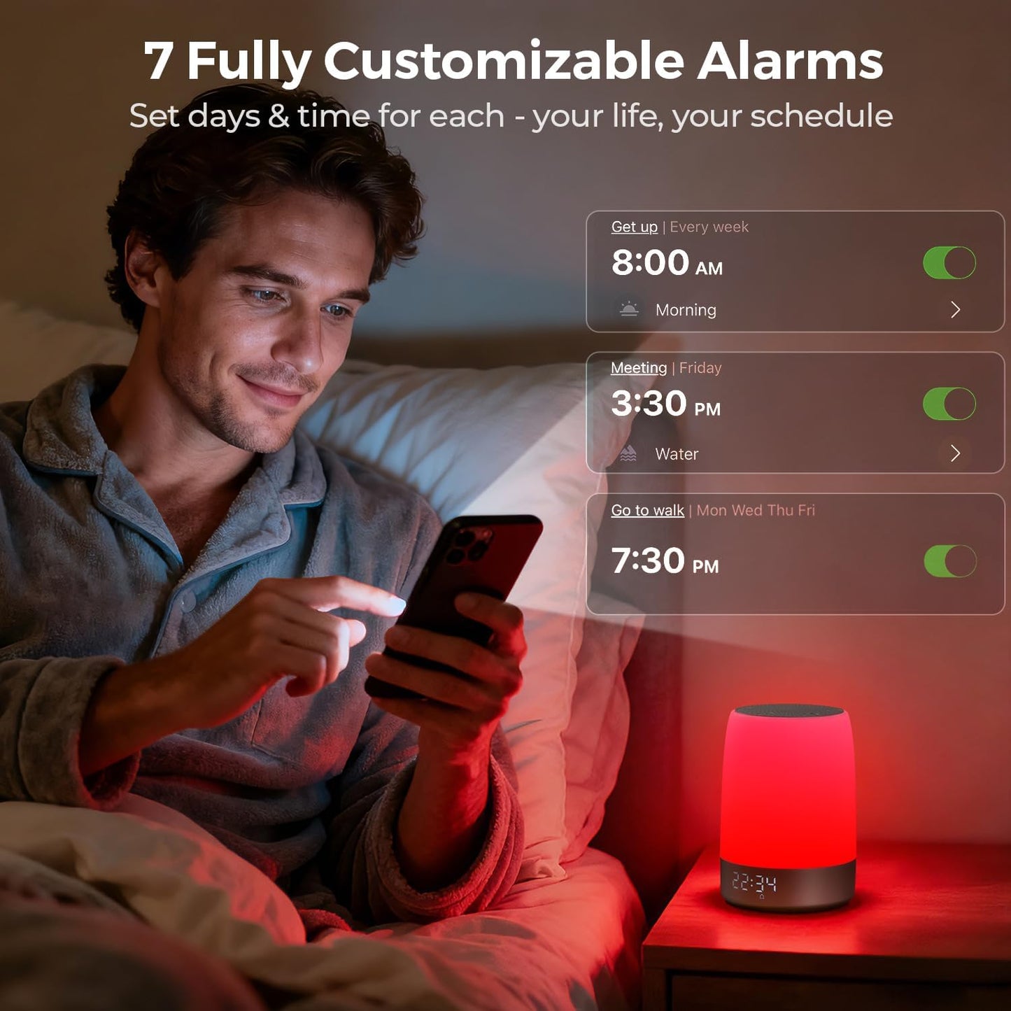 Smart Red Light Therapy Lamp & Sleep Sound Machine for Bedroom with Alarm Clock, Night Light with App Control, 5-Level Red Light (620–690nm), 32 White Noises, Custom Timer, 2600mAh Battery, 7 Alarms