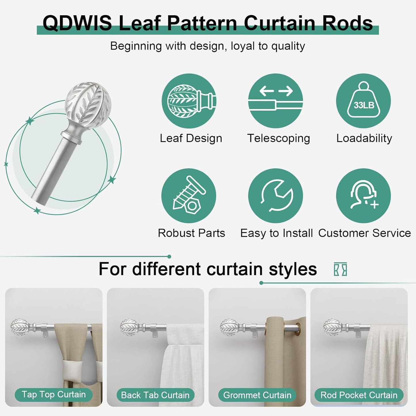 Silver Curtain Rods for Windows 48 to 84 inch,1" Adjustable Heavy Duty Window Curtain Rod with Leaf Finials,Rustic Decorative Drapery Rods Set,Size:36-88''