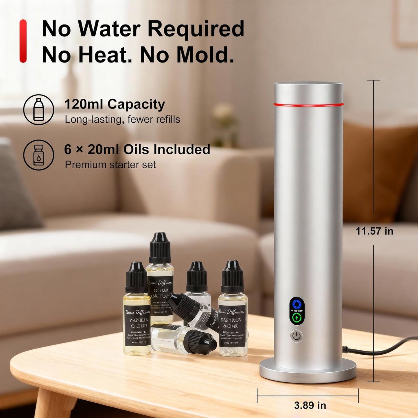 Maromalife Waterless Diffuser, 1000 Sq.Ft Coverage, Essential Oil Diffuser with Tilt-Safe, Remote Control, Adjustable Mist, Mood Lights Aromatherapy Diffuser for Home, Room, Office, Hotel, Silver