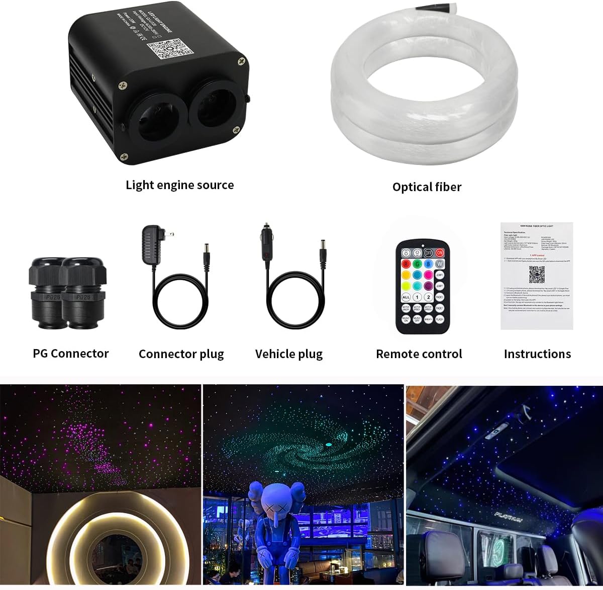 AZIMOM Dual Color 20W Twinkle 1000pcs Fiber Optic Starlight Headliner Kits 0.03in 13.1ft Fiber Strands End Glow Sound Activated Remote APP Control RGBW Light Source Home Ceiling Car Headliner Décor