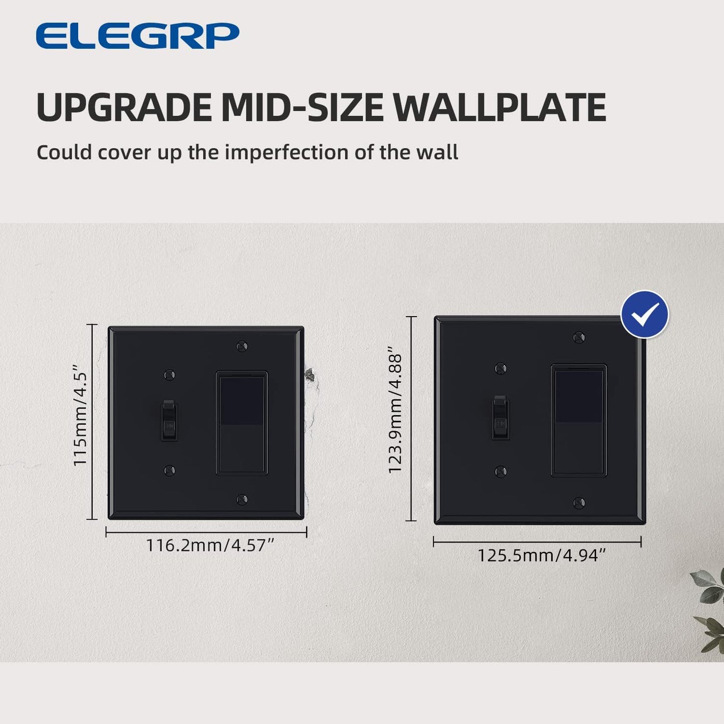 Combination Wall Plate ELEGRP 2-Gang 1-Toggle Light Switch 1-Decorator/GFCI Device Combination Wall Plates, Mid-Size 4.88" x 4.94" Unbreakable Thermoplastic Faceplate Cover, UL (1 Pack, Glossy Black)