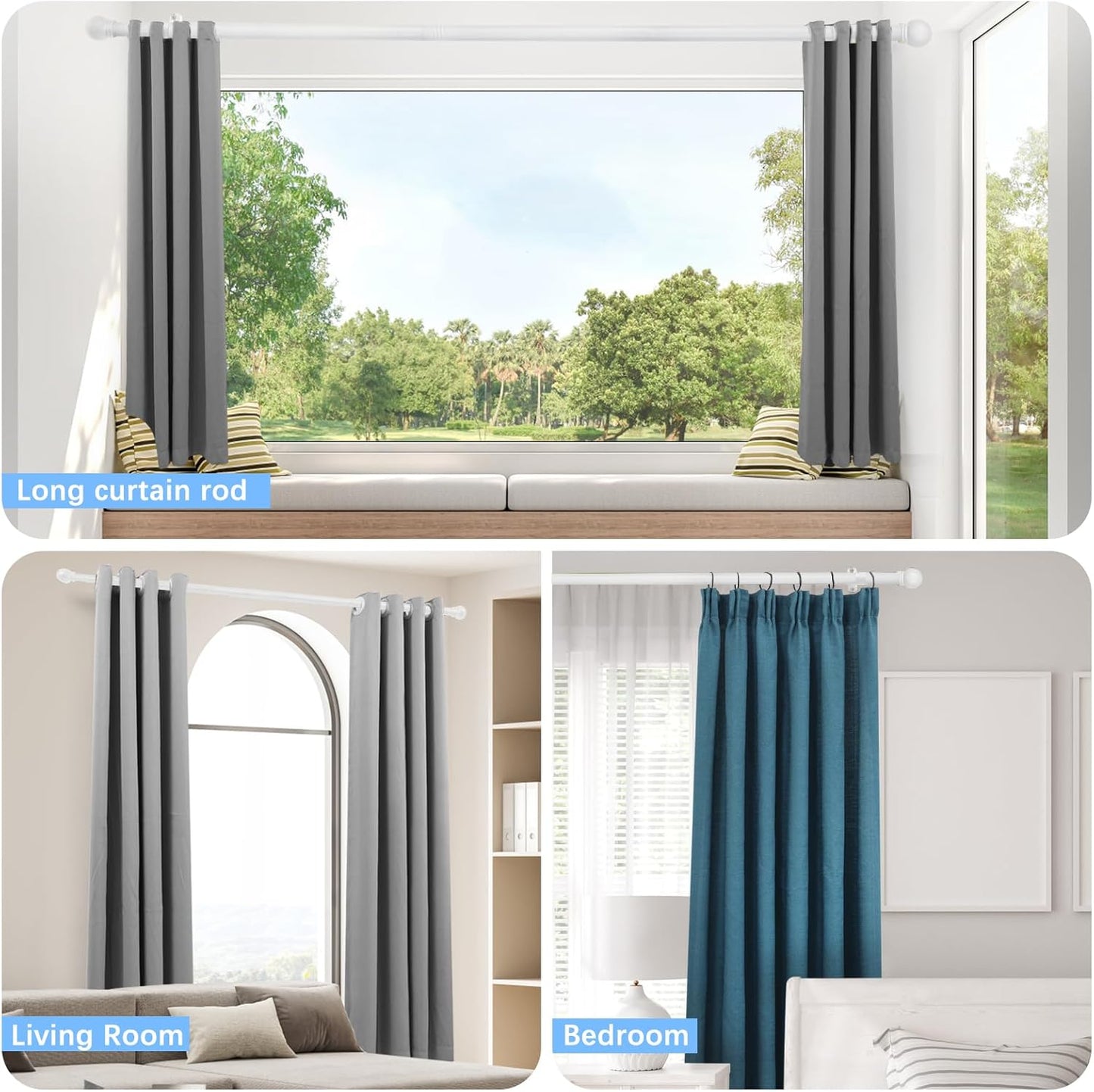 Curtain Rods for Windows 16 to 136 Inches, Curtain Rod Max Adjustable Length of 144 IN, 1" Diameter Drapery Rods Round Finials, White, Pack of 1