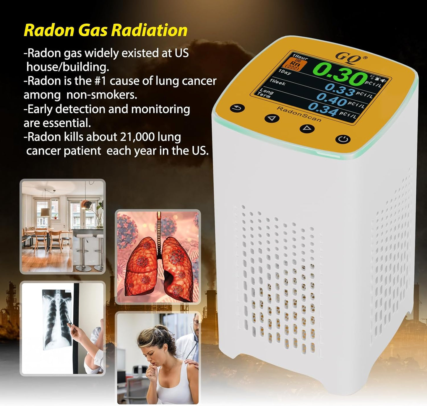 GQ Radon Detector Radonscan Home Radon Monitor Alpha Radiative Gas Radiation Design in USA Large Color Display Short and Long Term continuously Monitor Accurate Fast Sensitive Data Saving