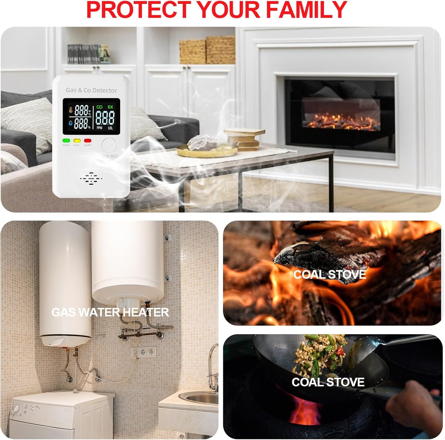 Combination Natural Gas & Carbon Monoxide Detectors,4-in-1 Real-time Display & Monitor,Low-Concentration Detect,Plug in Propane Detector & CO Alarm, for Home,Camping,RV,Apartment