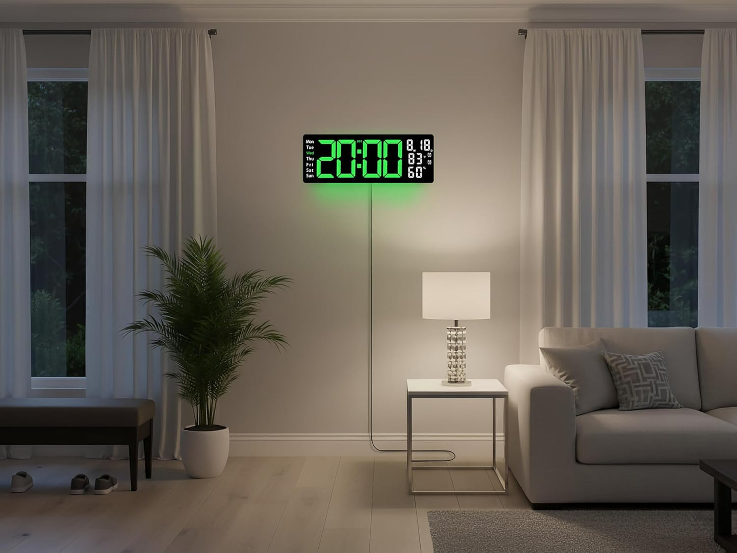 17.5 Inch Green LED Digital Wall Clock with 8 Ambient Light Colors|Displays Time,Date,Day,Temperature&Humidity,Dual Alarms,Countdown&Stopwatch,DST,10-Level Auto/Manual Brightness|Modern Silent Clock