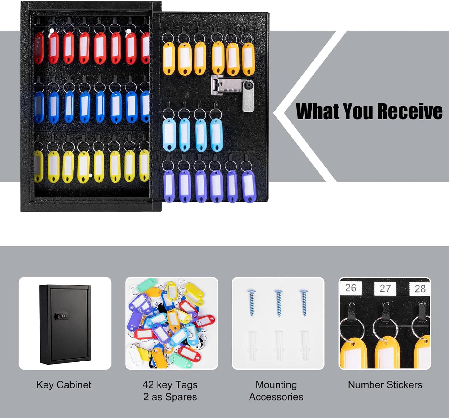 Sumerfnt Key Box Wall Mount with Code, Key Cabinet Lock Box for 40 Keys, Metal Key Storage Box with Key Tags and Number Stickers, 12.1"x 8.1" x 2.6"