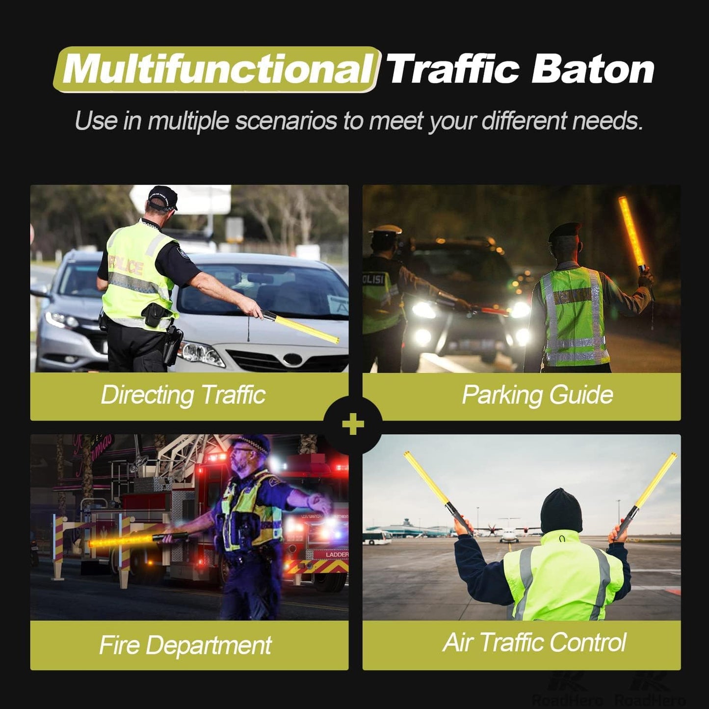 RoadHero 2 Pack 21 Inch Traffic Wand, Yellow Led Traffic Control Baton, Night Safety Light Wands with 2 Flashing Modes, Air Marshaling Signal Wand with Side Clip for Airport, Parking, Car Directing