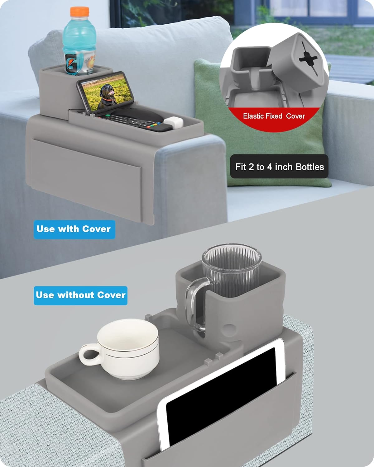 Silicone Couch Cup Holder, VIENFUT Anti-Spill and Anti-Slip Sofa Armrest Tray, Dirt-Resistant Silicone Couch Arm Tray for Remote, Snacks, Cellphone and iPad, Gift for Family, Friend (Gray)