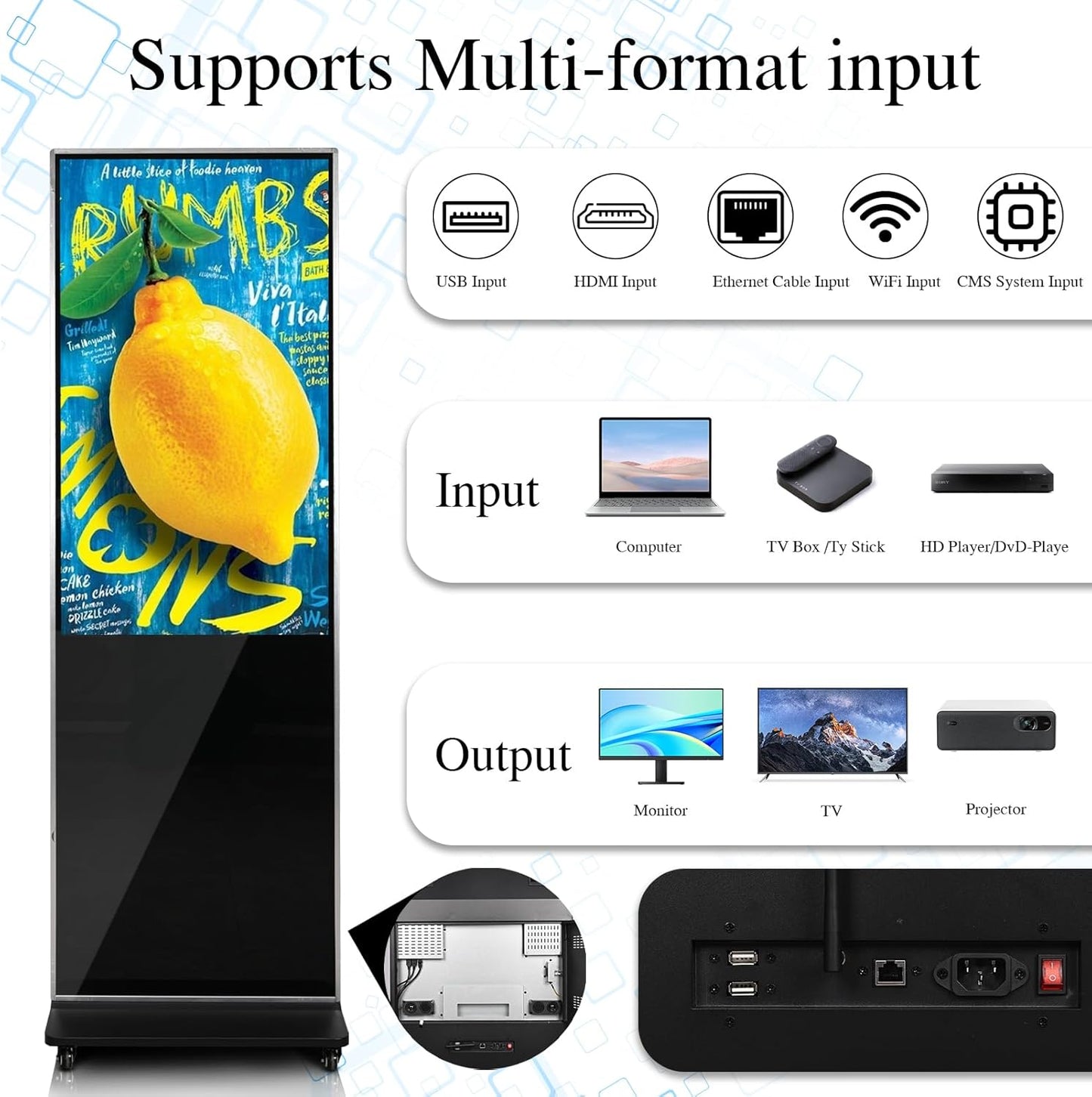 43" 4K LCD Touchscreen Digital Signage Display, Indoor Floor Standing Advertising Kiosk, Commercial Digital Signage Kiosk with Auto AD Box, HDMI WiFi Bluetooth Input, Android 12.0 Black