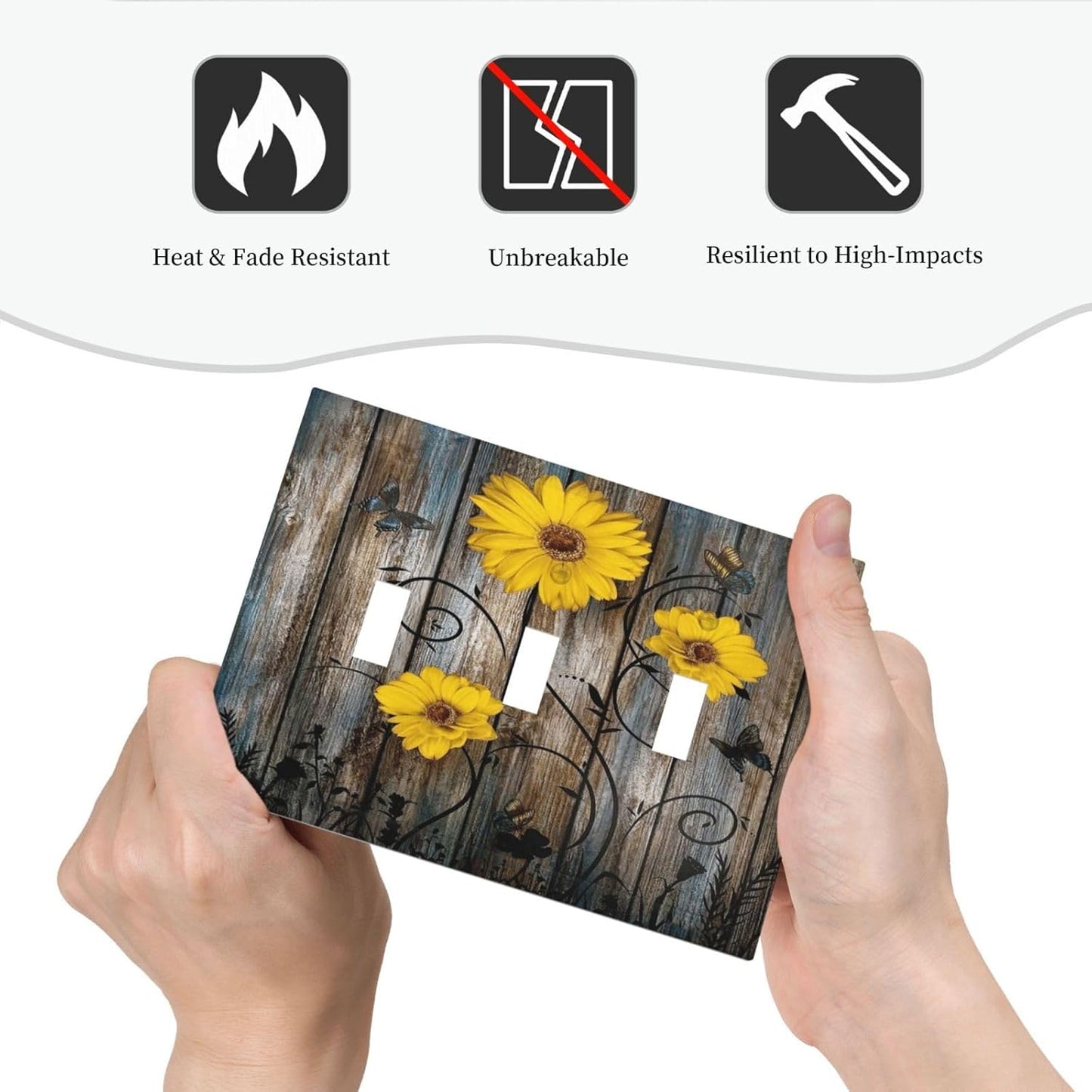 Rustic Barn Sunflower Wooden Daisy Flower Plank Decorative Switch Plates 3 Gang Wall Plate Triple Toggle Light Switch Cover Faceplate Electrical Wall Panels for Farmhouse Home Decor