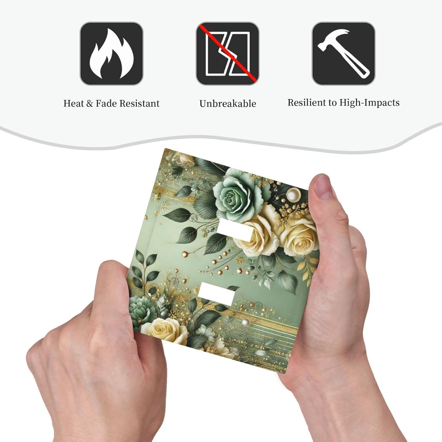 Decorative Light Switch Cover Plate Rustic Green Floral Leaves Teal Flowers Gold Stripe 2 Gang Wall Plate Oversized Double Toggle Two Switch Wall Cover Plate Device Faceplate