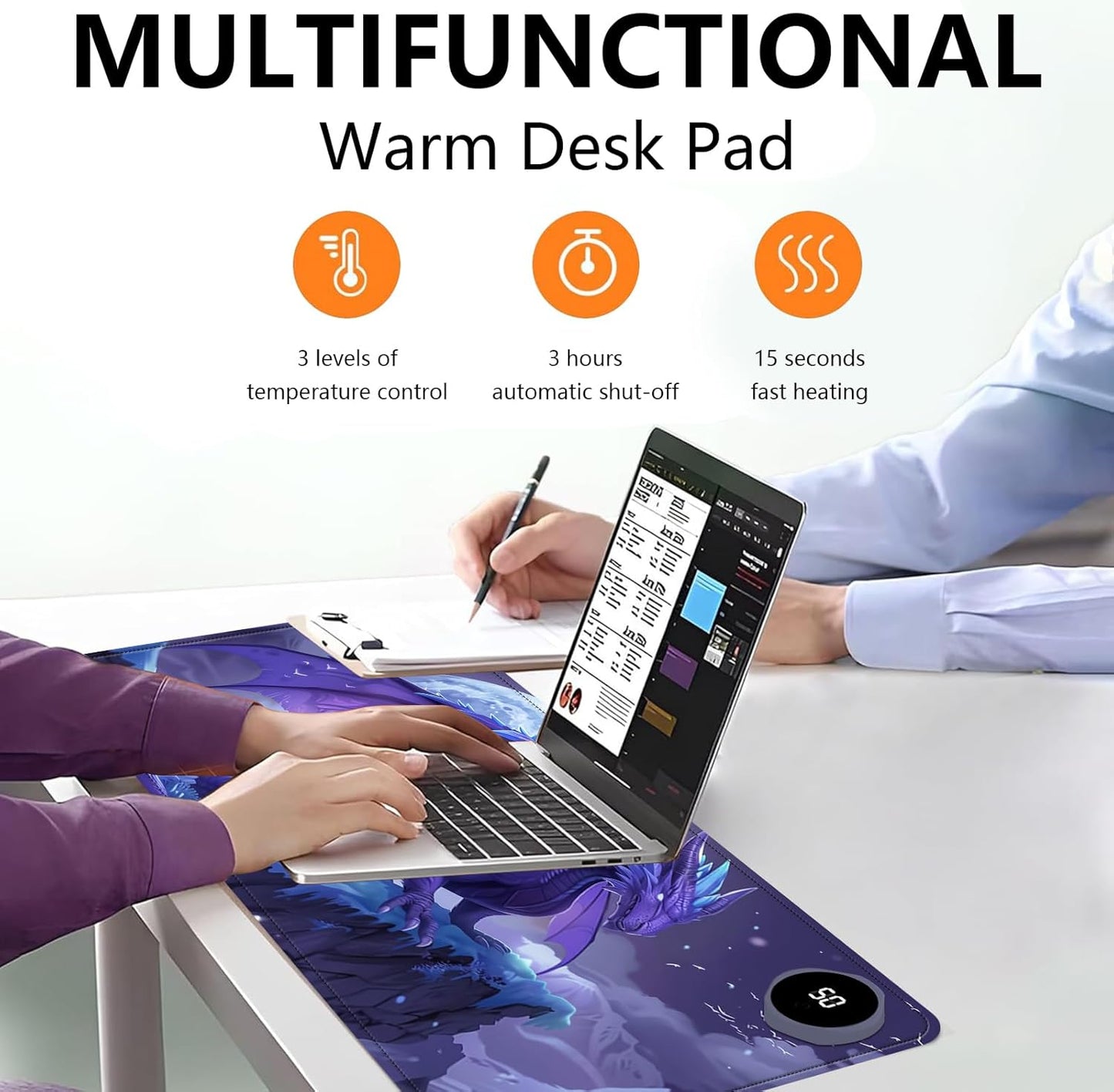 Heated Mouse Pad with 3 Levels Heated & 3 Hours Auto Shut-Off Mouse Pad for Warming Hands in Office Home, 31.5" x 13"Large Safe Desk Mat Hand Warmer,Angry Flying Dragon