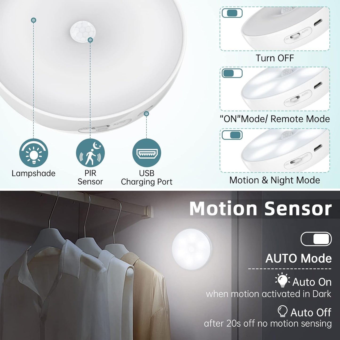 Motion Sensor Puck Step Lights with Charging Station, 3 Colors USB Rechargeable LED Closet Light, Dimmable Under Cabinet Lighting, Stick-on Lights (4 Pack)