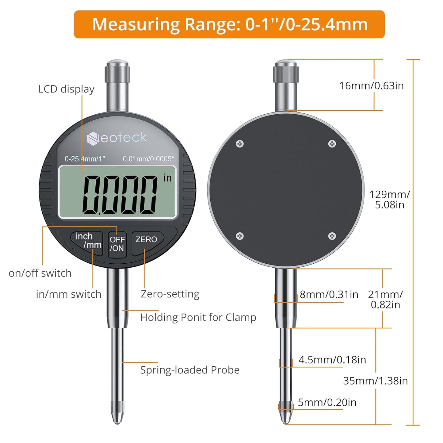 Neoteck 1"/25.4mm (0.0005"/0.01mm) Digital Indicator Set Dial Indicator and Magnetic Base Set with Storage Case, Ideal for 3D Printer Lathe Workshop CNC Machine Table Saw-90lbs(40kg) Max Pull-Black