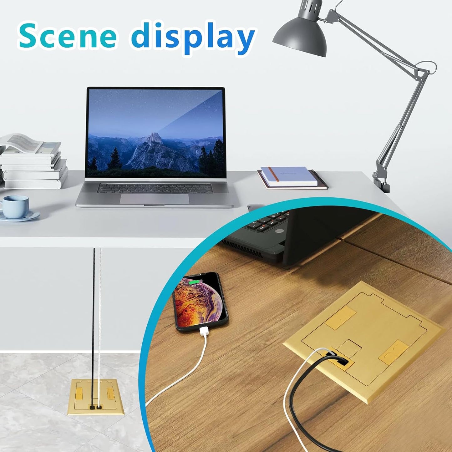 KYHSHJ Recessed Flat Hidden Socket Kit with 2 * 20A Receptacle,4.8A 1 USB-A Ports &1 USB-C Port+3-Port RJ45 Datacom Receptacle. Internal Height Adjustable,Corrosive Resistant Hardware,Brass