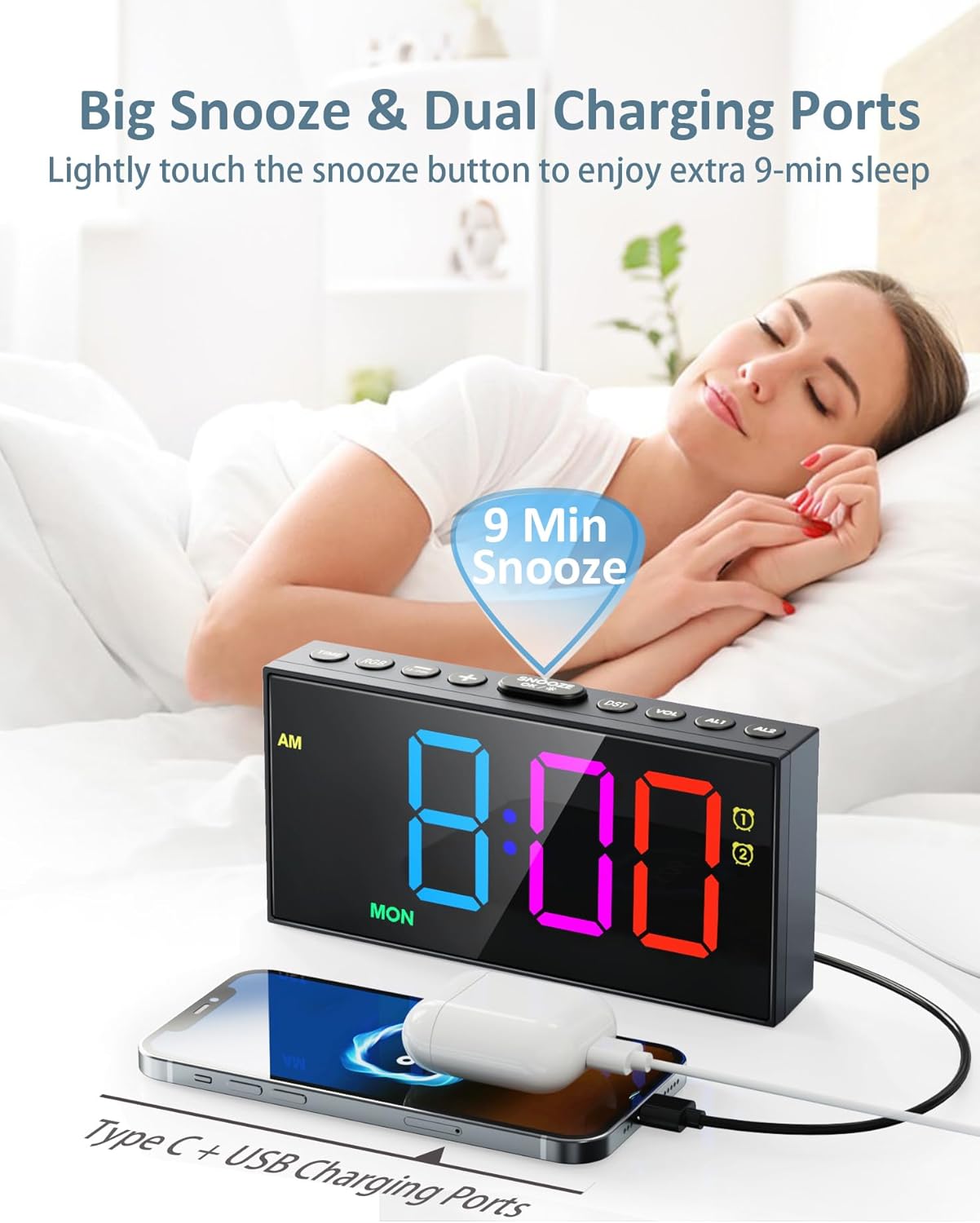 RGB Digital Alarm Clock for Bedroom, Dual Alarms ,Weekday/Weekend/Everyday Mode, 7 Dimmer,5 Volume,2 Charging Ports, 9-min Snooze,Memory Function,Plug in Desk Clock Large Display for Kids/Teens