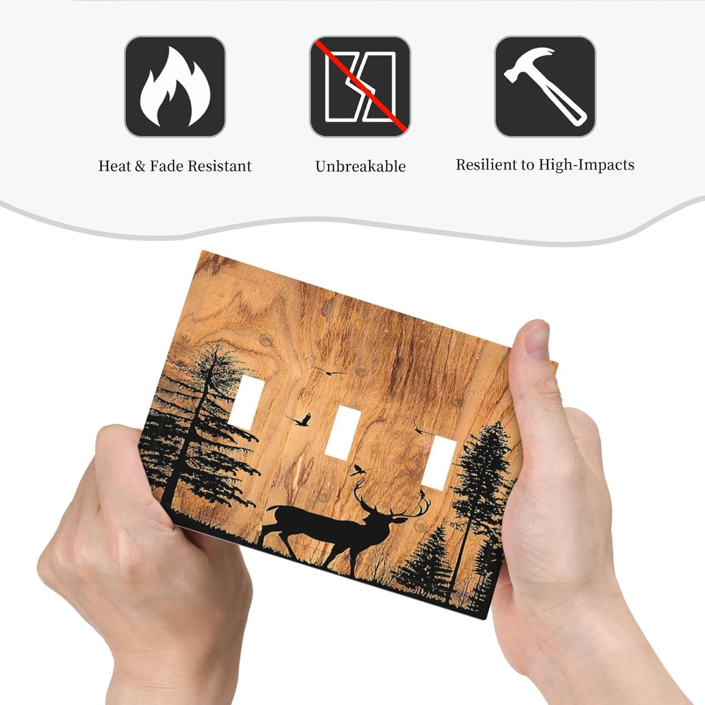 Decorative Switch Plates Rustic Farmhouse Orange Brown Pine Tree Deer Wood Grain 3 Gang Wall Plate Triple Toggle Light Switch Cover Faceplate Electrical Wall Panels for living Room Decor