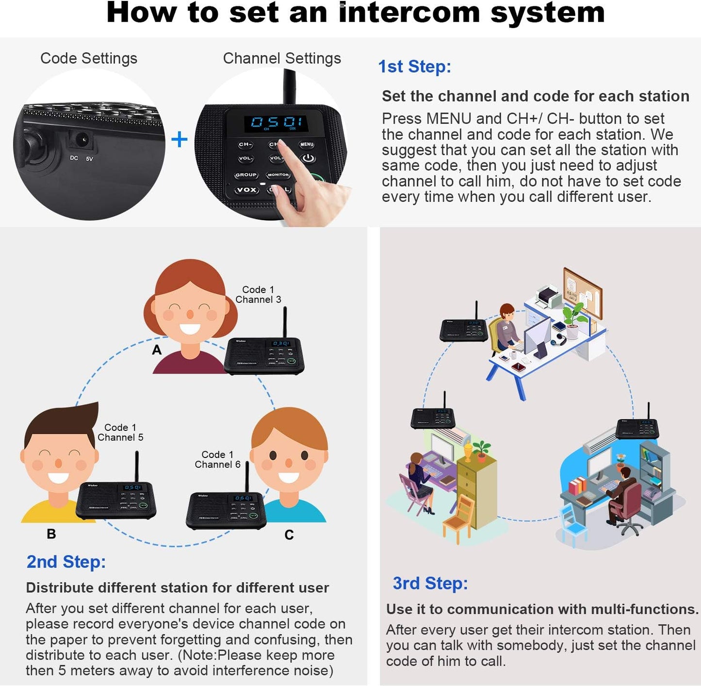 Wuloo Intercoms Wireless for Home 1 Mile Range 22 Channel 100 Digital Code Display Screen, Wireless Intercom System for Home House Business Office, Room to Room Intercom Communication (6 Packs, Black)