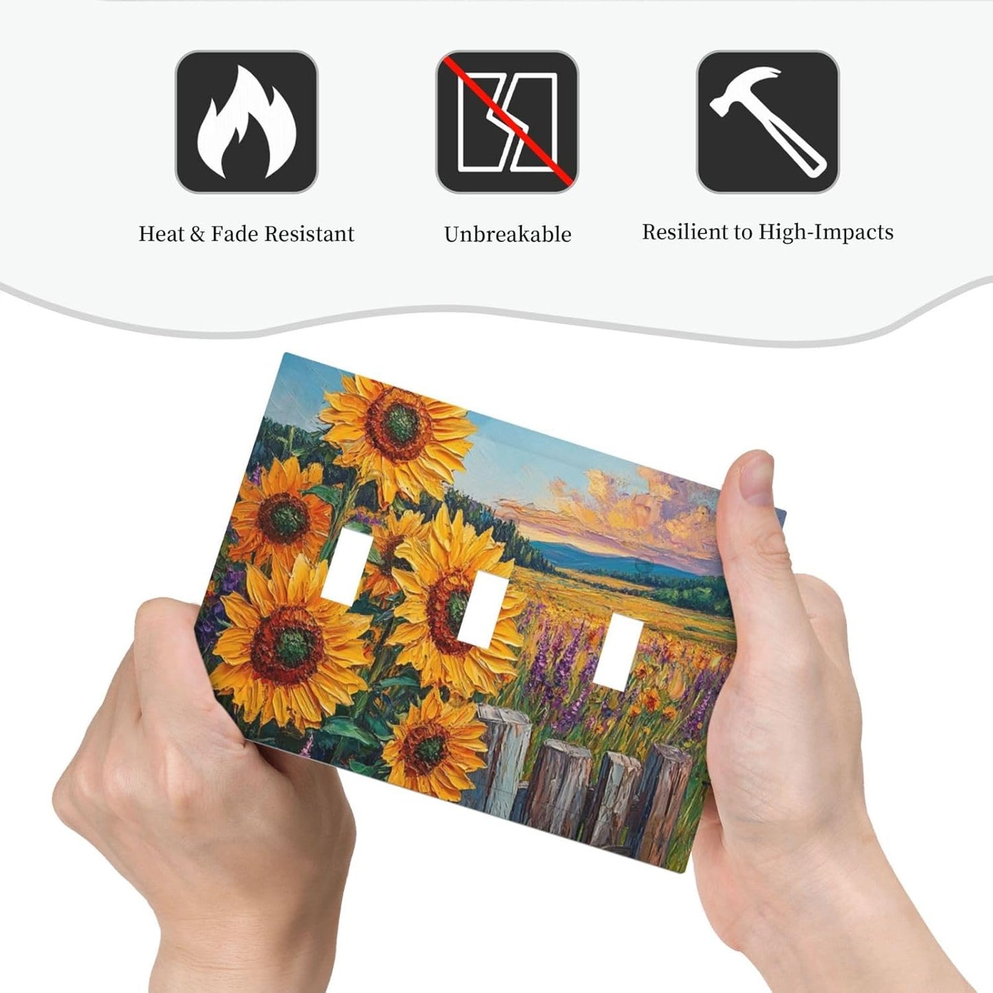 Decorative Light Switch Cover Plate Rustic Wilderness Sunflower Lavender Muzha Oil Painting 3 Gang Wall Plate Oversized Triple Toggle Switch Cover Plate Jumbo Faceplate