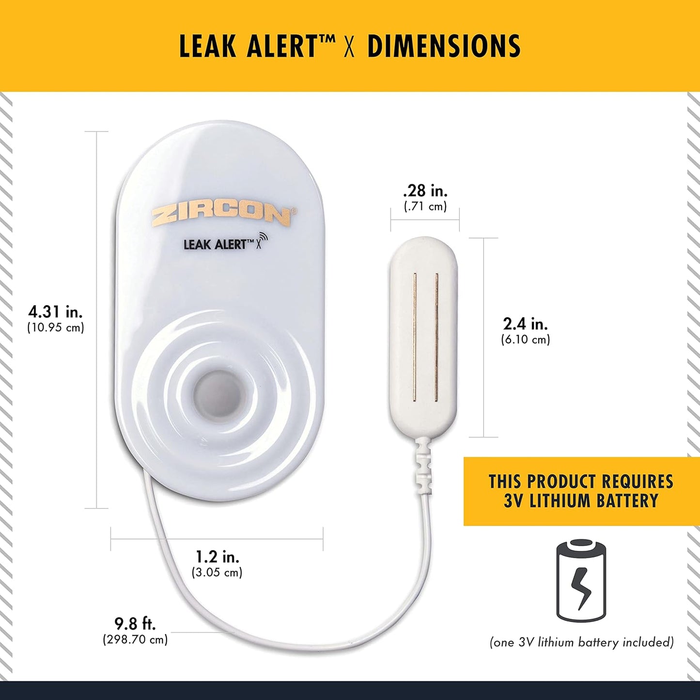 Zircon Leak Alert X – Smart Electronic Water Detector with 9.8 ft Cable – Email, Audio, & Visual Alerts, Battery Included,White