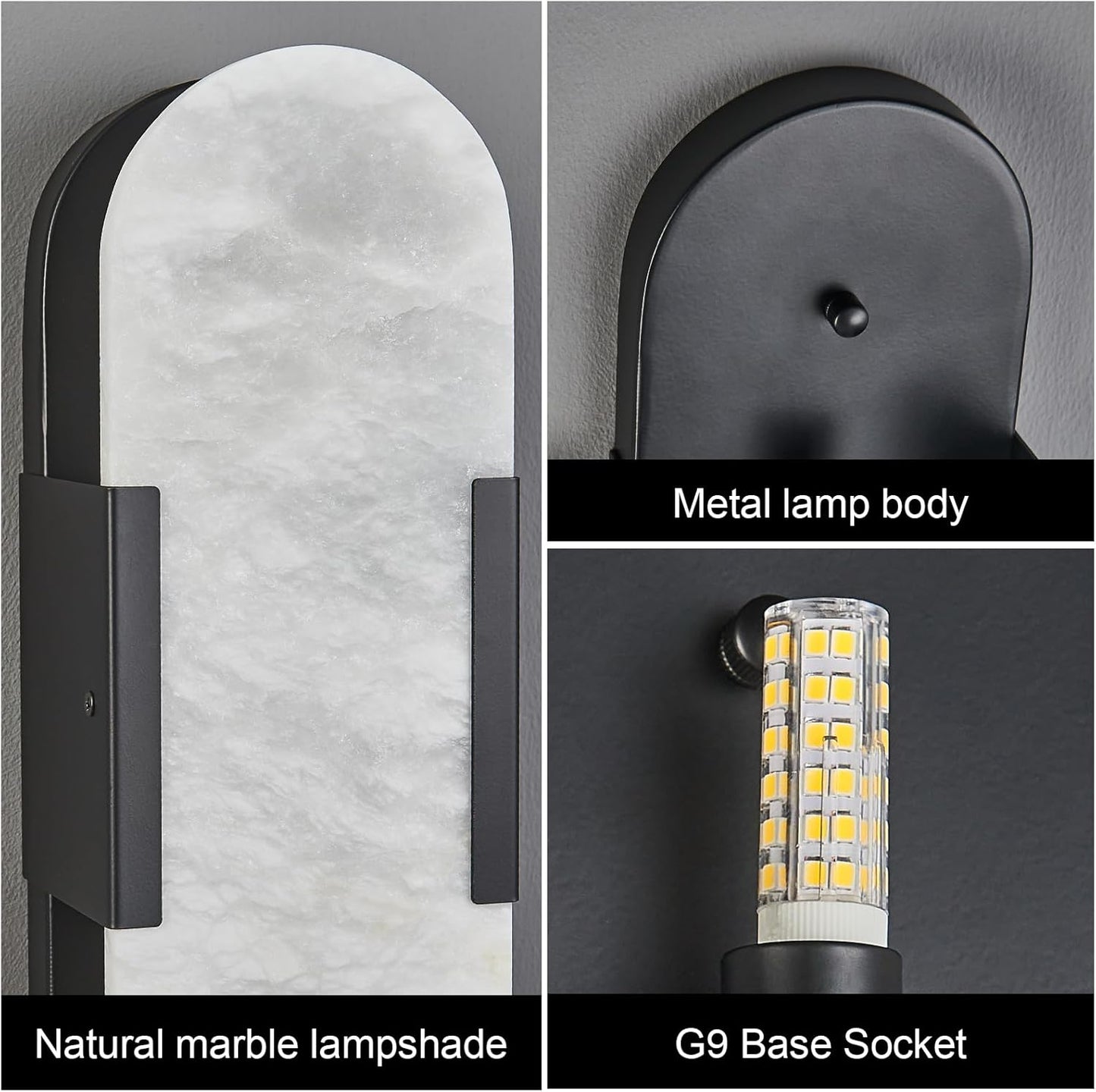 Alabaster Wall Sconces Set of Two, Modern Natural Marble Wall Sconces for Indoor Lighting, 13.8 in Black Wall Lights for Bathroom Dining Room Stairs Bedroom