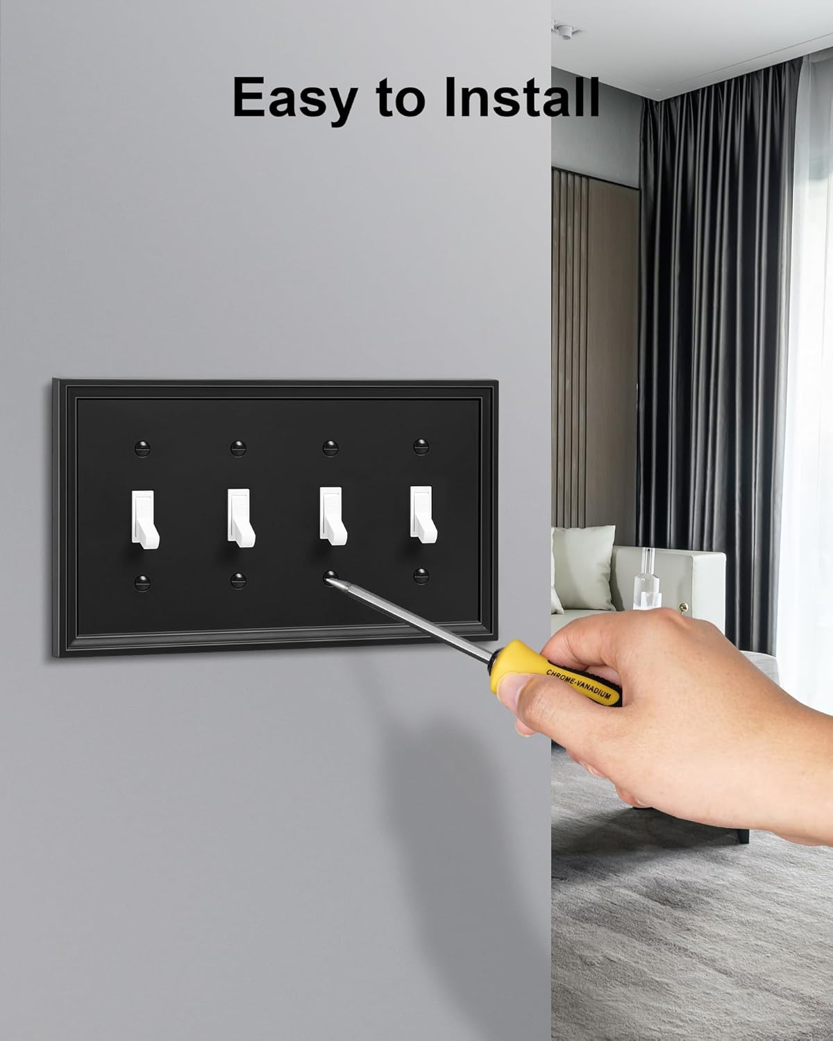 2-Pack Quad Toggle Light Switch Cover Plate, Black Decorative Switch Plate Covers, Natural Bamboo Fiber 4 Gang Wall Plate, Corrosion Resistant