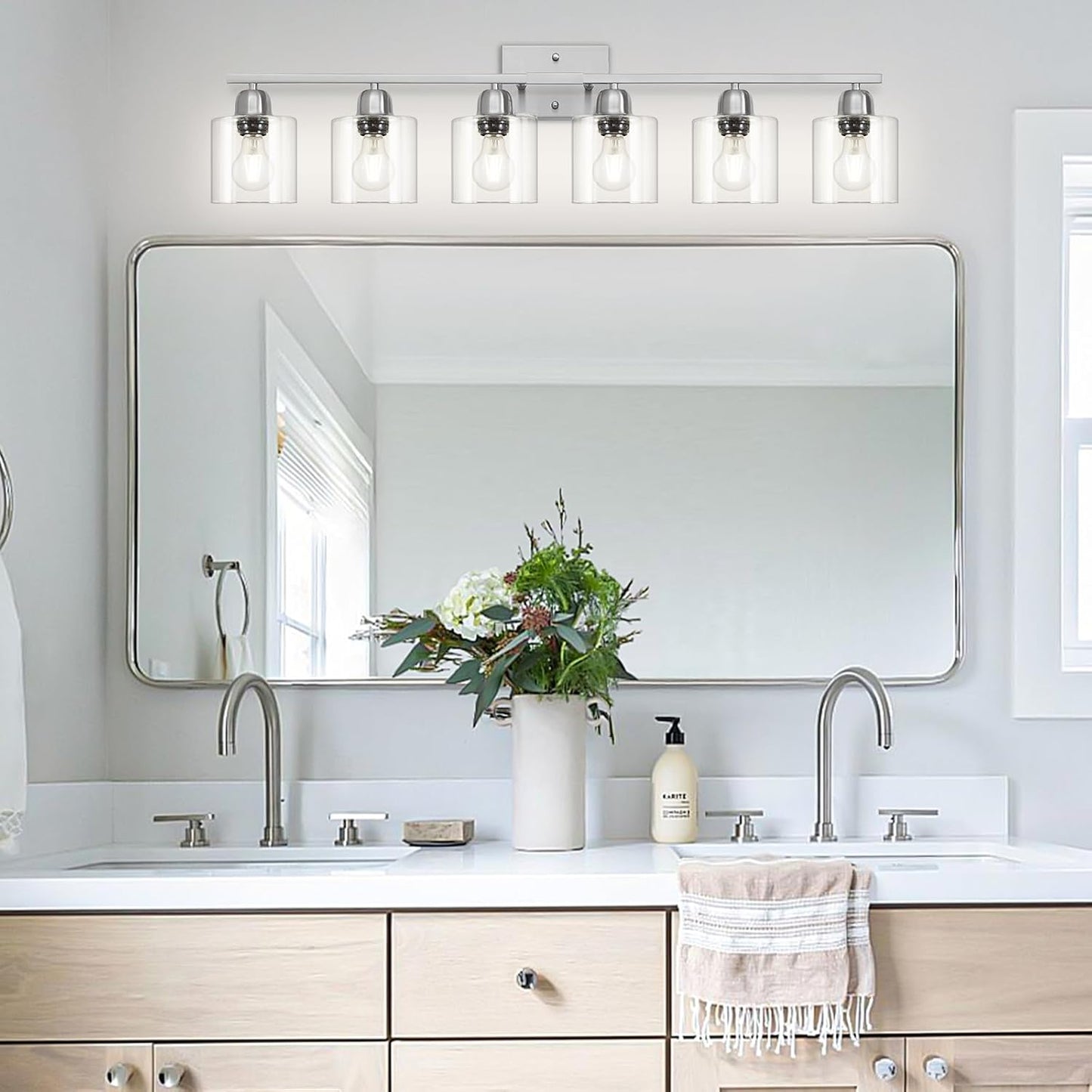 Modern Brushed Nickel 6 Light Bathroom Light Fixtures,38 inch Vanity Lights for Bathroom with Clear Glass, Vanity Light for Mirror Kitchen Living Room Hallway Cabinet Porch