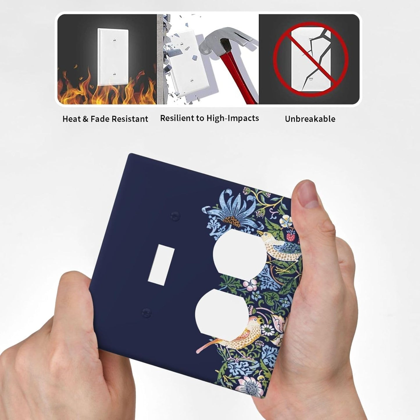 Decorative Outlet Covers Vintage Blue Morris Strawberry Thief Bird Flower 2 Gang Wall Plate Cover Single Toggle Duplex Combo Two Switch Light Switch Cover Plate Faceplate