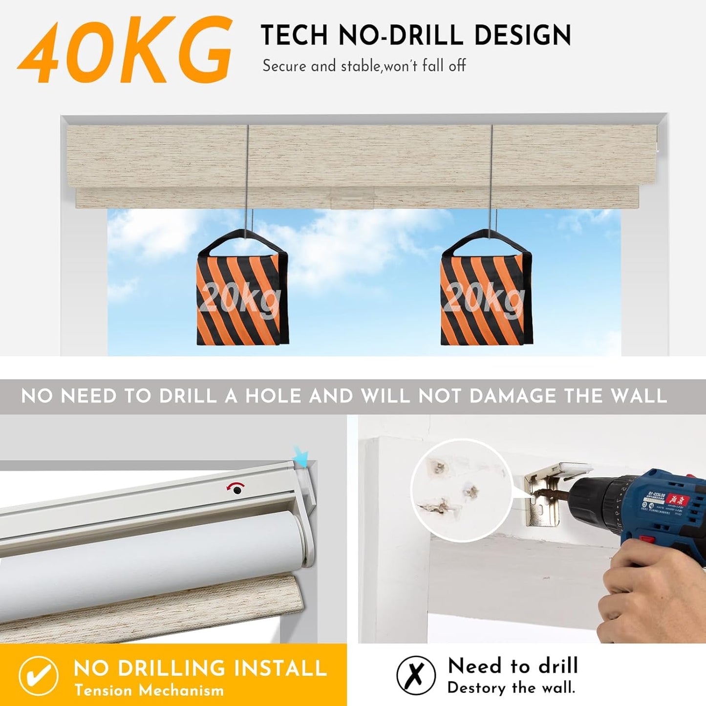 Persilux Smart Motorized Blinds with Remote, No Drill Automatic Roller Shades for Indoor Windows, Blackout Linen Fabric, Electric Blinds for Windows, Nature Cream C153BO-2, Custom Size