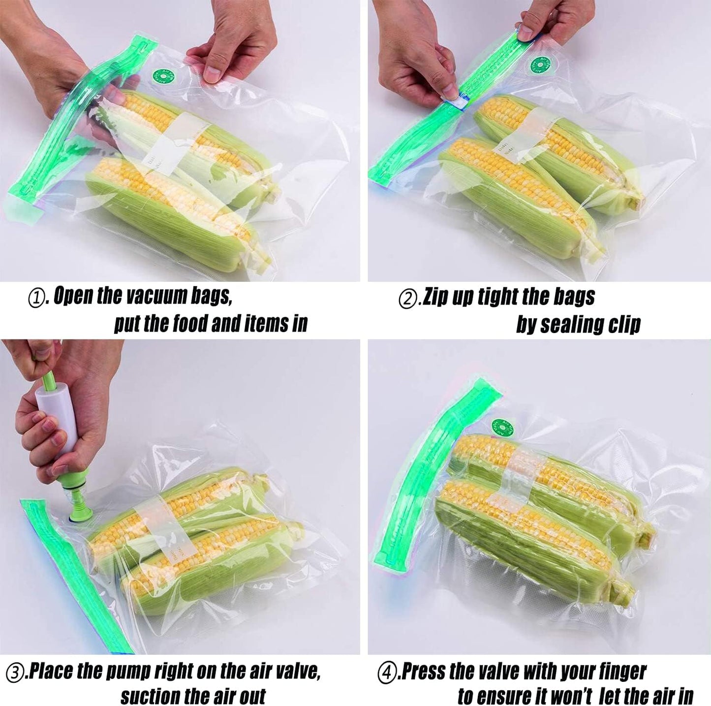 Sous Vide Bags 20pack Reusable Vacuum Food Storage Bags with 3 Sizes Vacuum Food Bags,1 Hand Pump,4 Sealing Clips for Food Storage and Sous Vide Cooking (Green Kit)