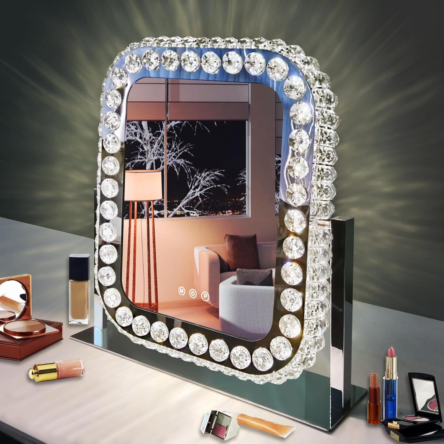 Hollywood Crystal Vanity Mirror with Lights 3 Color Adjustable Brightness Light 360° Rotation Large Crystal Lighted Vanity Mirror for Tabletop Desk Crystals LED Makeup Mirror with Lights