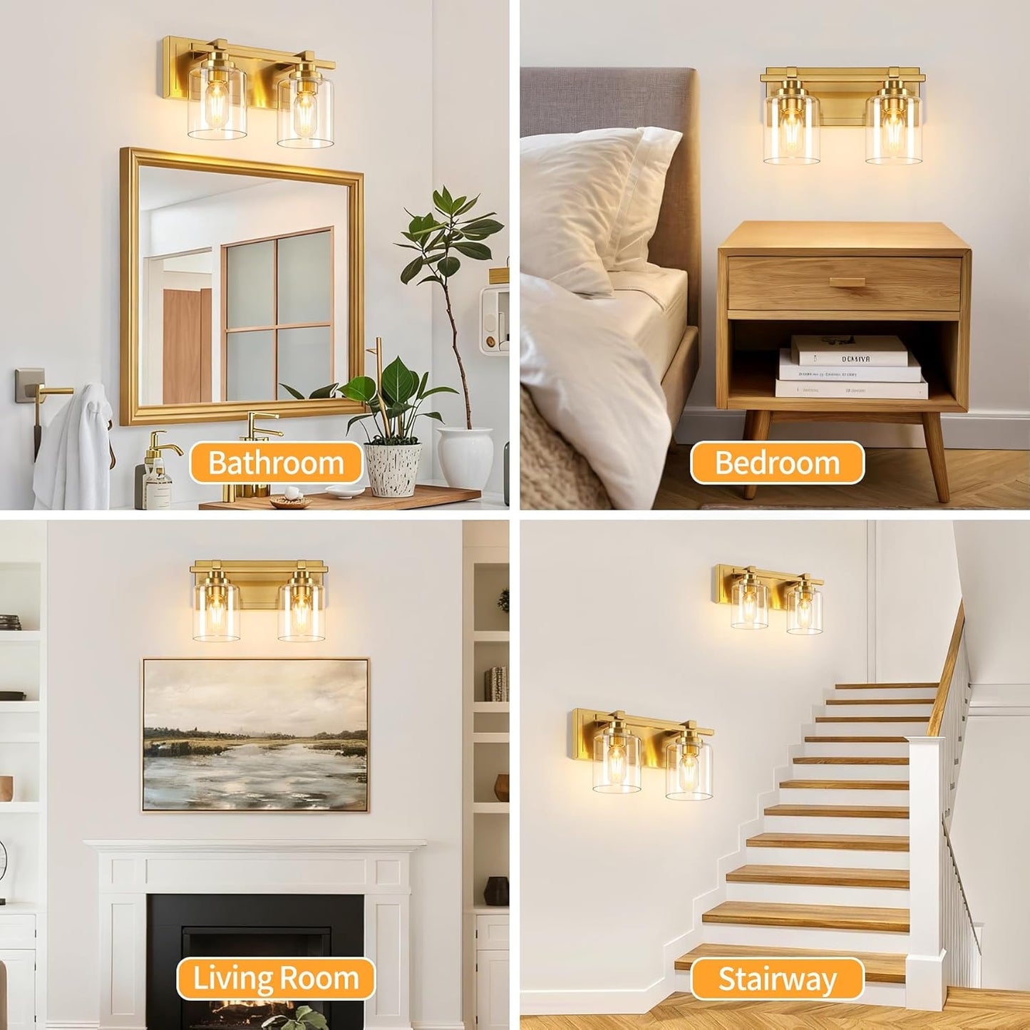 2 Light Modern Bathroom Light Fixtures Over Mirror, Brass Finish Vanity Lights for Bathroom Wall Sconces with Clear Glass Shades, E26 Socket (Bulbs Not Included)