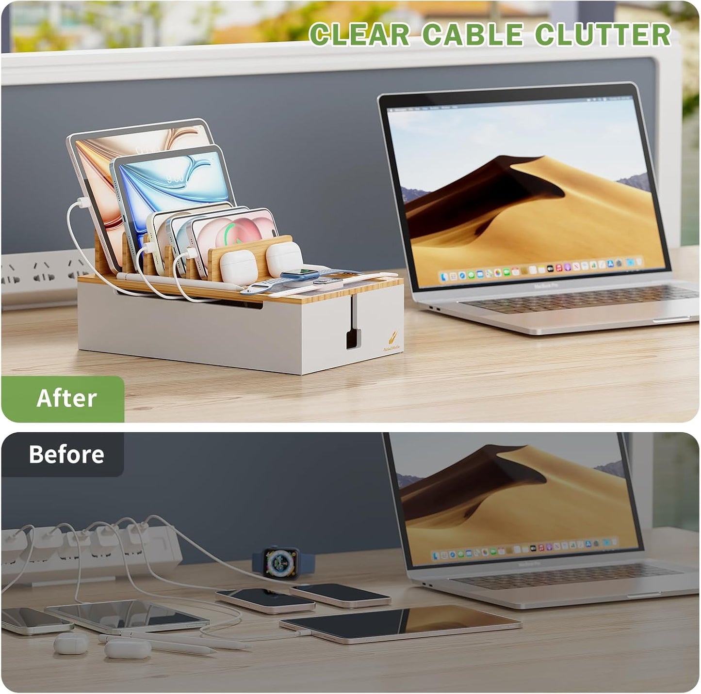 Pezin & Hulin Bamboo Charging Station, Electronic Devices Organizer for Multiple Devices Charger Such As Cell Phone, Tablet, Watch and More, Natural+White, (No USB Charger and Cables