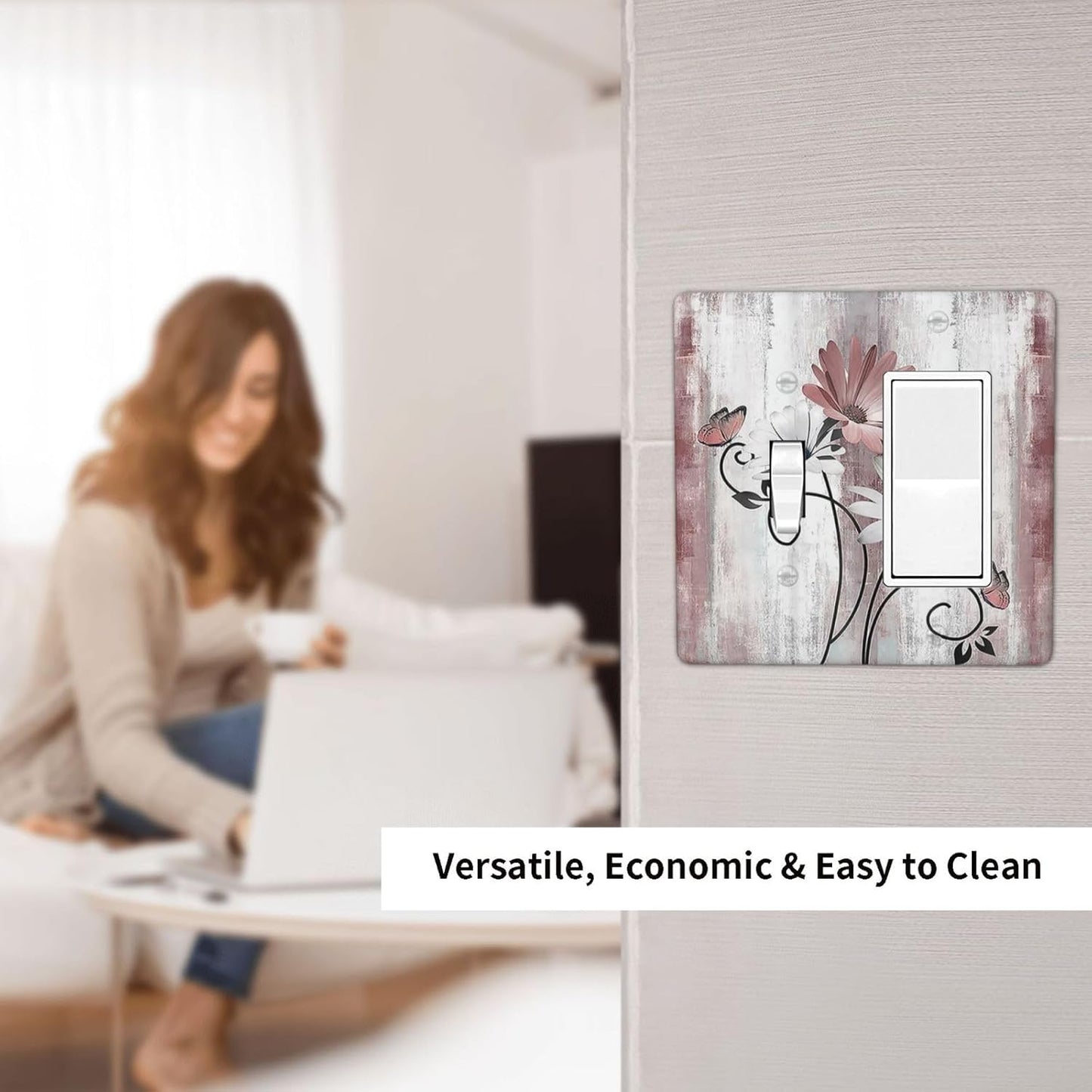 Outlet Covers Pink White Daisy Butterfly Wood Grain 1 Toggle 1 Rocker Combination Decorative Wall Plate Electrical Switch Plates Light Switch Cover Plate for Farmhouse Bathroom Decor