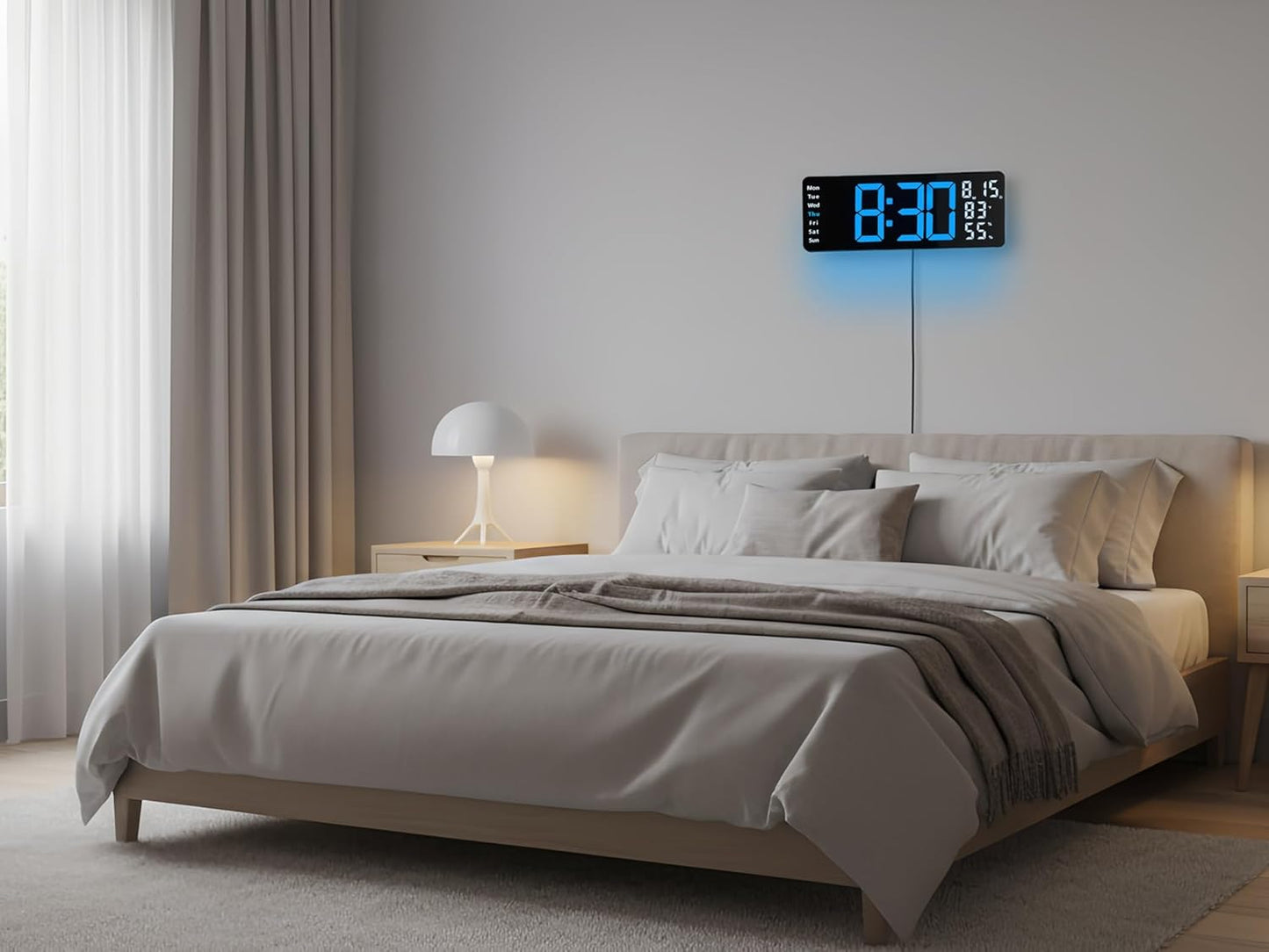 17.5 Inch Blue LED Digital Wall Clock with 8 Ambient Light Colors|Displays Time,Date,Day,Temperature&Humidity,Dual Alarms,Countdown&Stopwatch,DST,10-Level Auto/Manual Brightness|Modern Silent Clock