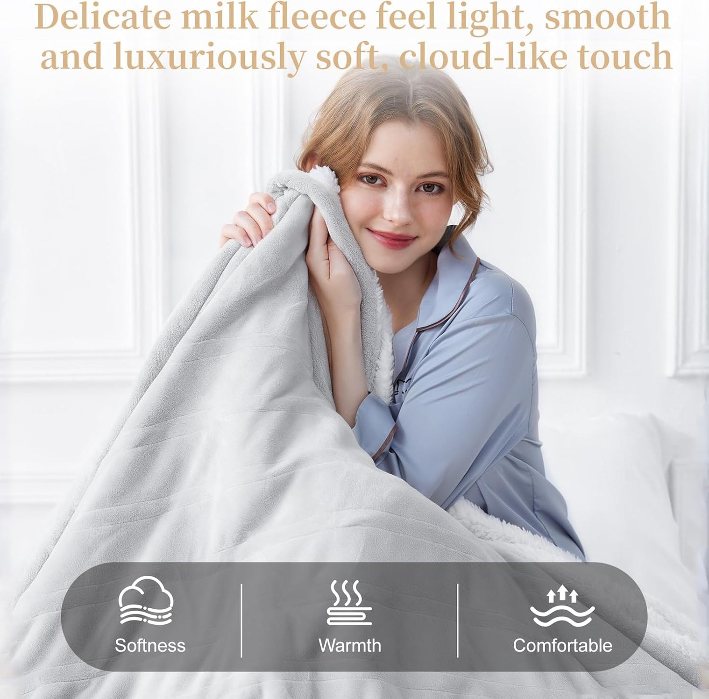 Electric Heated Blanket Twin 62" x 84", Soft Plush Flannel & Sherpa Electric Blanket with 8 Heat Settings, 1-12H Auto-Off, Fast & Even Heating, Machine Washable, Ideal for Home & Office, Light Gray