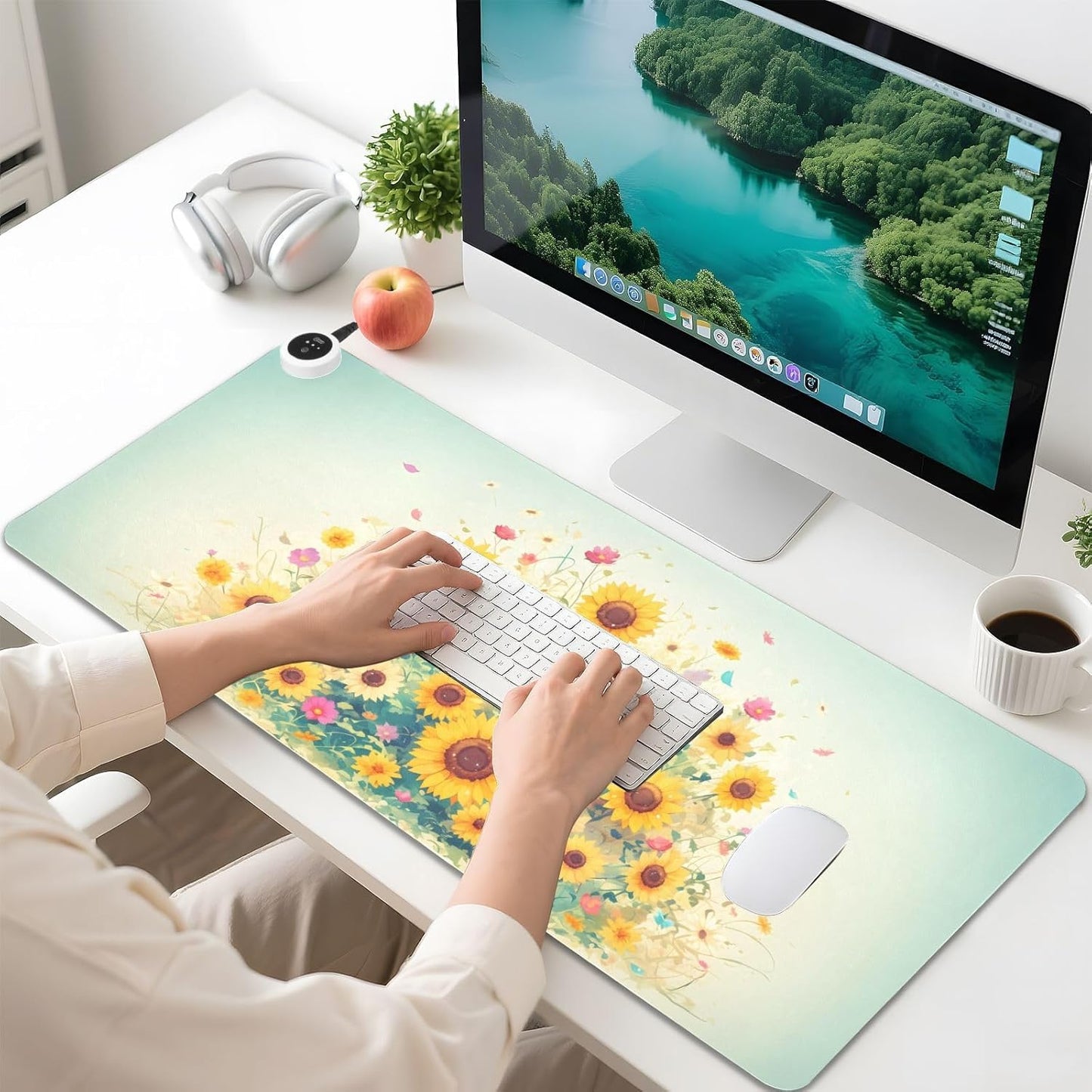 Large Heated Mouse Pad,Leather Desk Mat,31.5"x13",Hand Warmer Pads for Desk,Sunflower(Yellow)