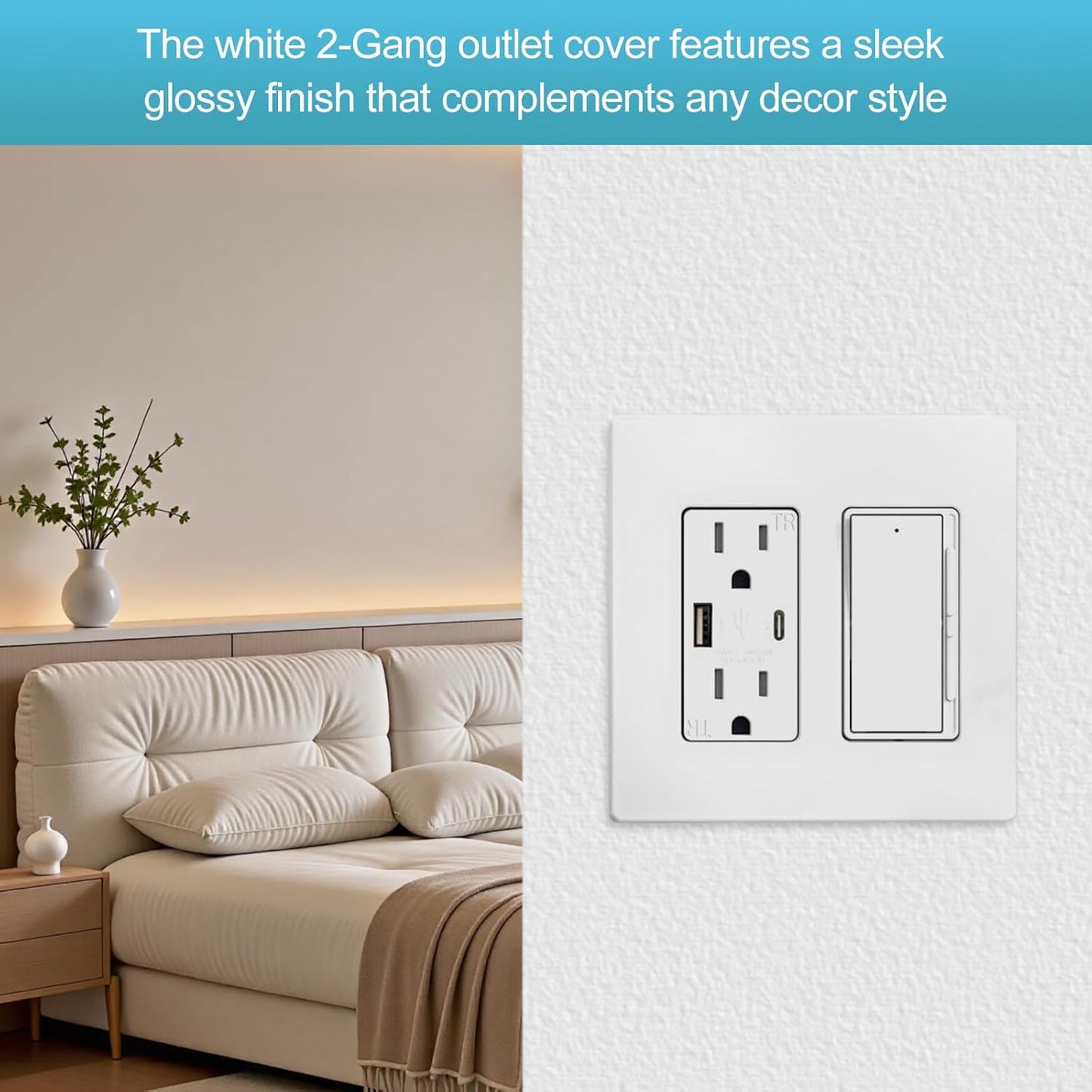 2-Gang Decora Screwless Wall Plate 80309-SW,Child Safe Outlet Cover 80309-SW,Screw Smooth Face Switch Plates Screwless Wall Plate 2-Gang Receptacle Outlet Cover 2 Pack