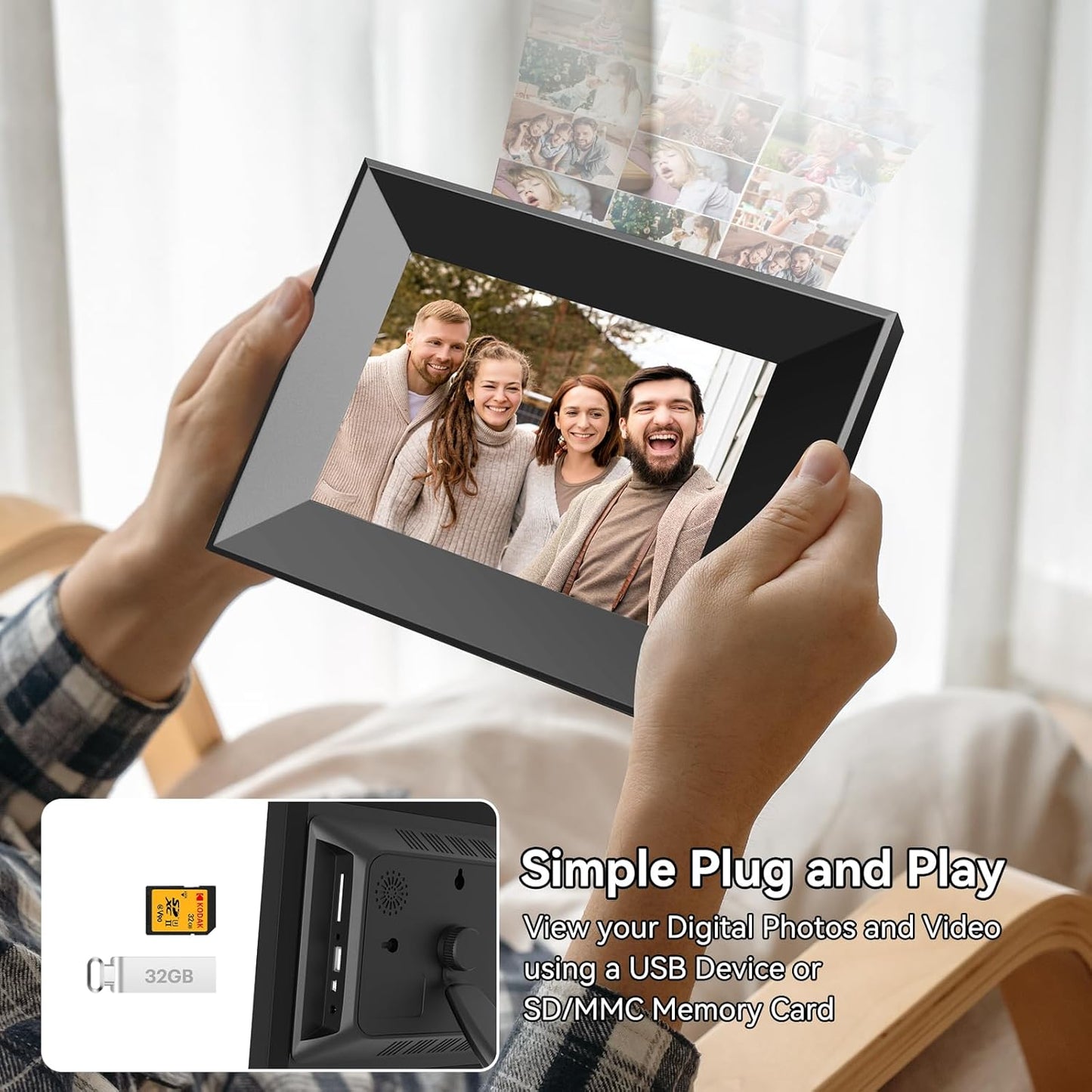 8-Inch Digital Picture Frame with WiFi, Wood Finish Smart Photo Frame HD IPS Touch Screen with 16GB Storage β Easy Photo & Video Sharing from Anywhere β Ideal Gift for Family, Black
