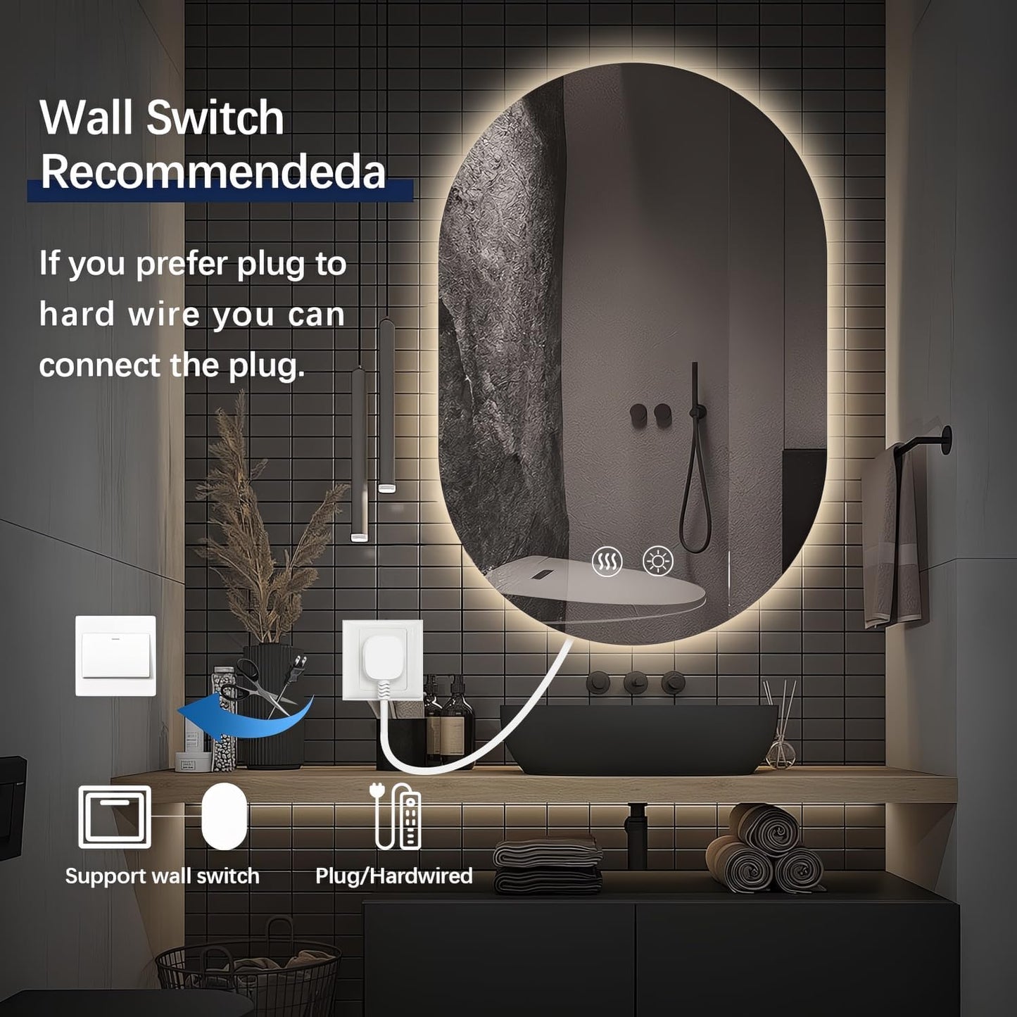 Niccy Oval LED Bathroom Vanity Mirror, 36x22inch Frameless Backlit Mirror with Light, Smart Anti-Fog Waterproof Mirror with Memory Function Dimmable Lighted Mirror