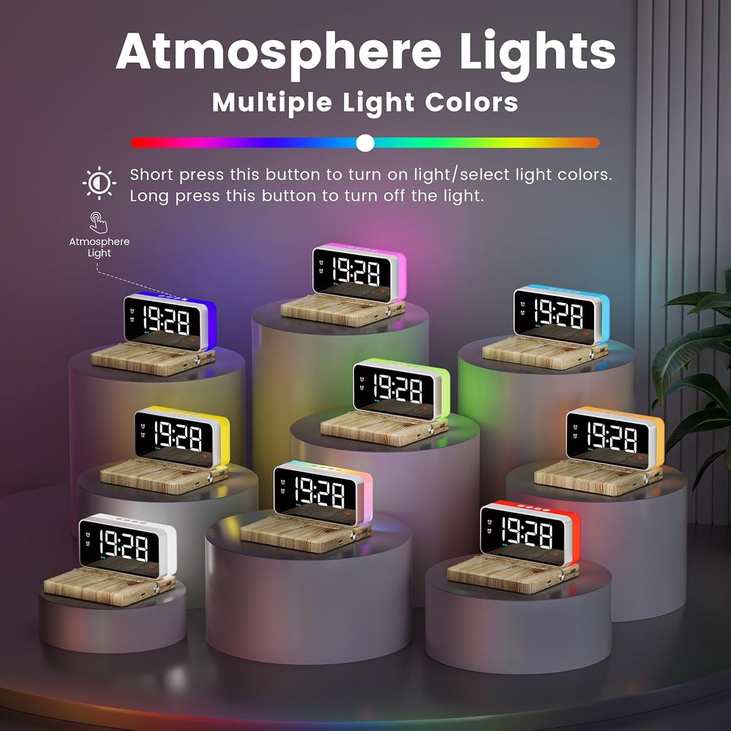 Alarm Clocks for Bedrooms with Wireless Charger Station, Bluetooth Speaker, Woodgrain, White Noise Sound Machines, RGB Night Lights, Ideal Gift for Adult Man Women Teen Girls Boys