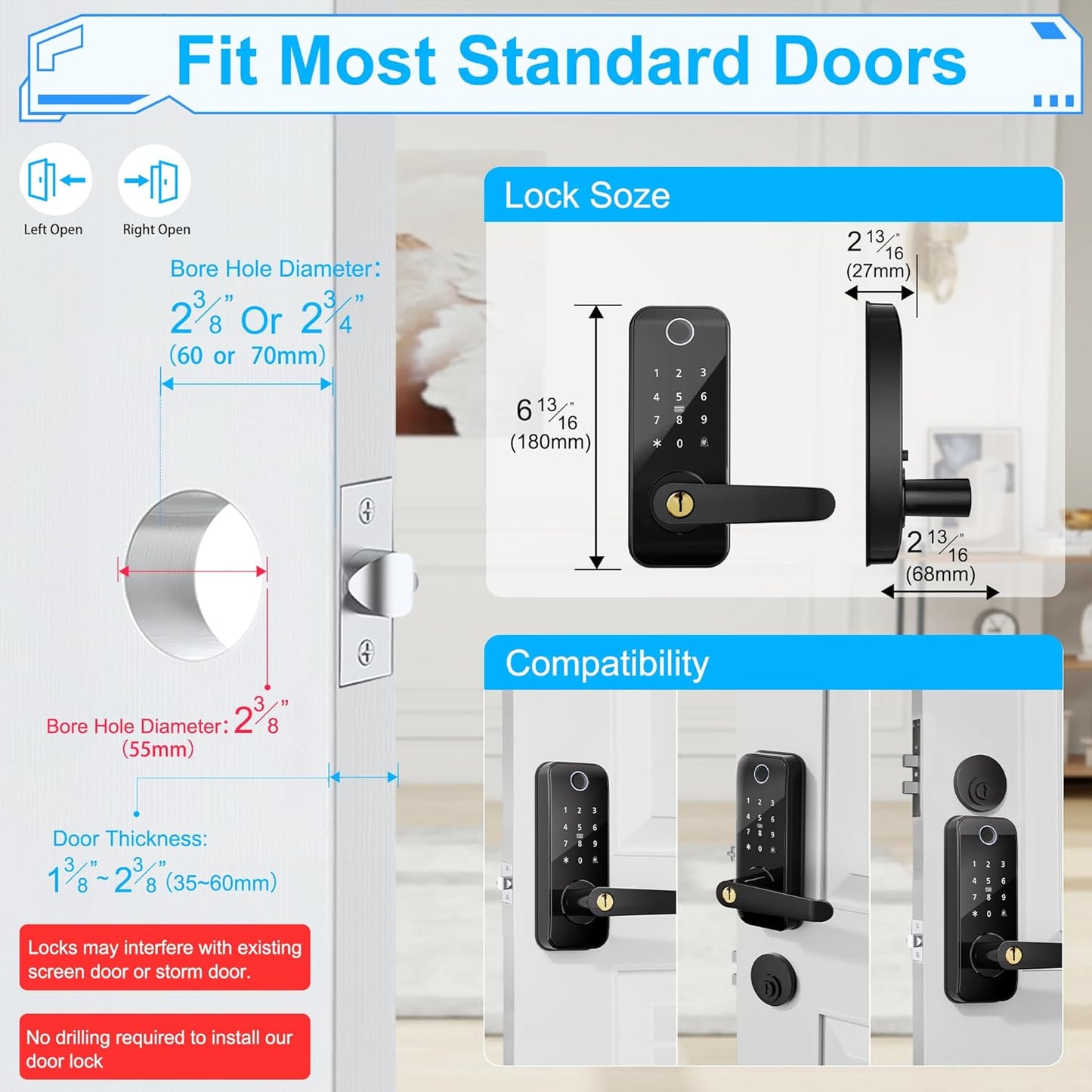 Keyless Entry Fingerprint Smart Door Lock with Handle,Digital Electronic Lock with Touchscreen Keypad,Electric Door Knob for Exterior Interior Entry/Bedroom Front Doors,Built-in WiFi