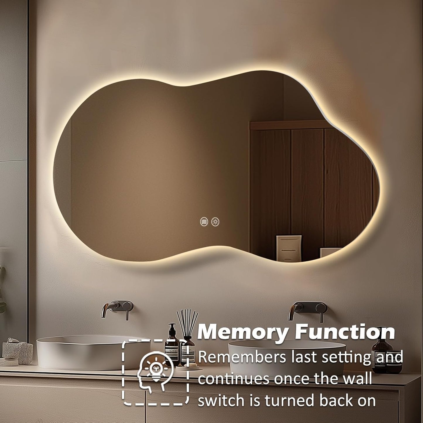 LED Bathroom Mirror with Lights 22x36, Stepless Dimmable Irregular Backlit Mirror with 3 Colors, Anti-Fog, Memory, Al-Alloy Lampshade, Frameless Smart Mirror for Bathroom (Horizontal/Vertical)